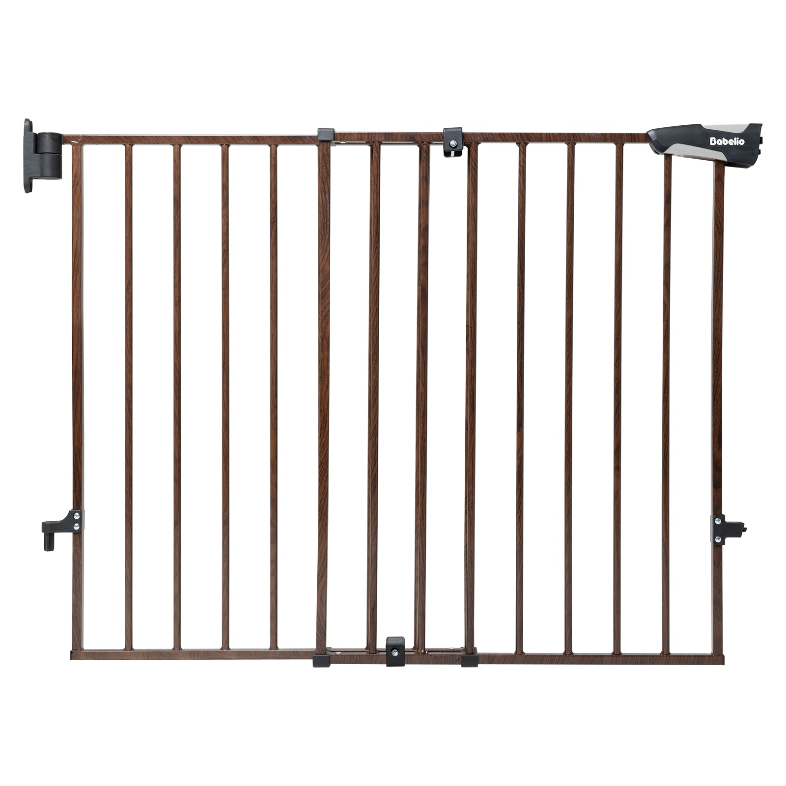 Babelio baby safety gate with wood-grain finish and black hardware, secure and stylish for nurseries