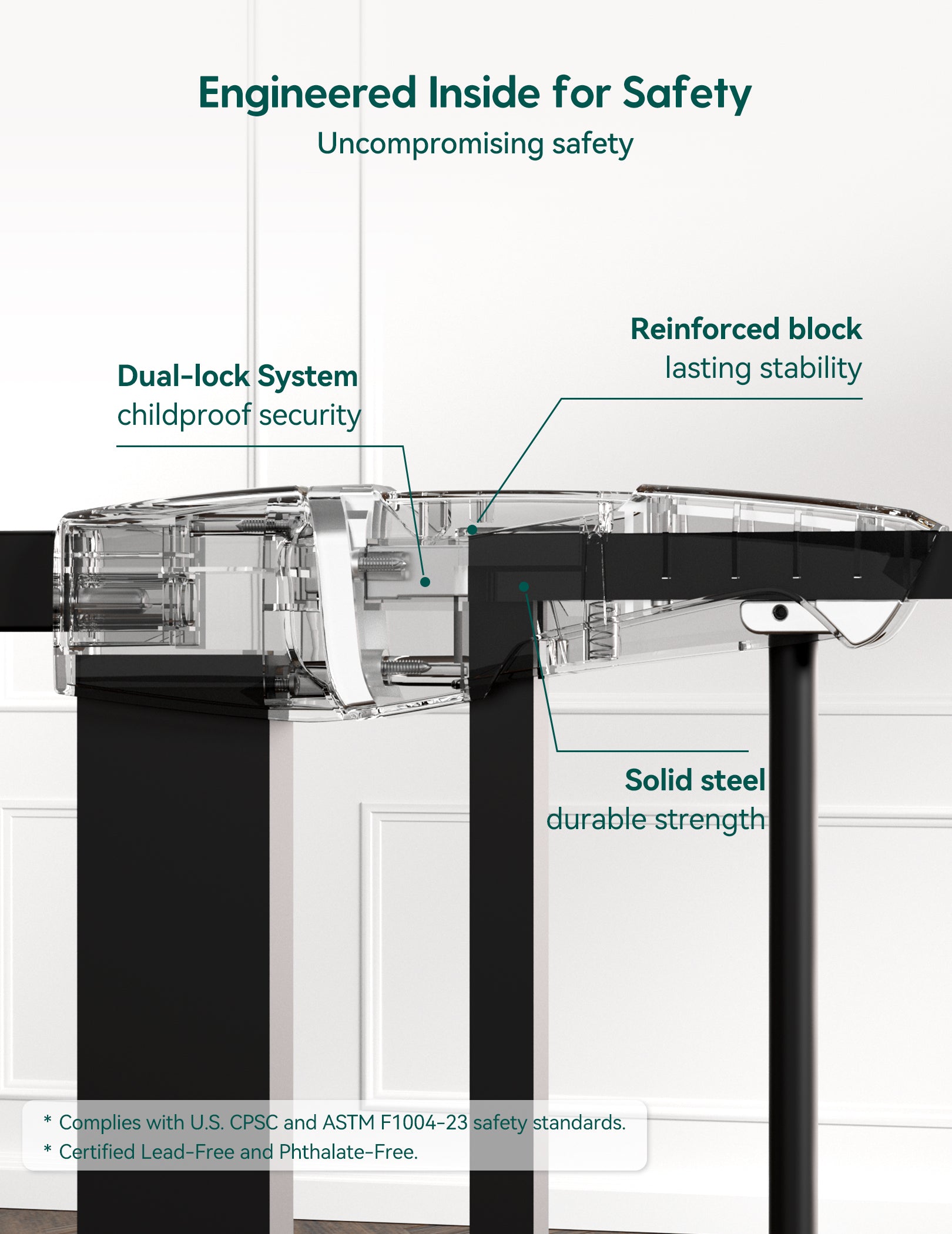 Diagram of a cabinet lock system with labeled features and safety certifications.#Color_Black