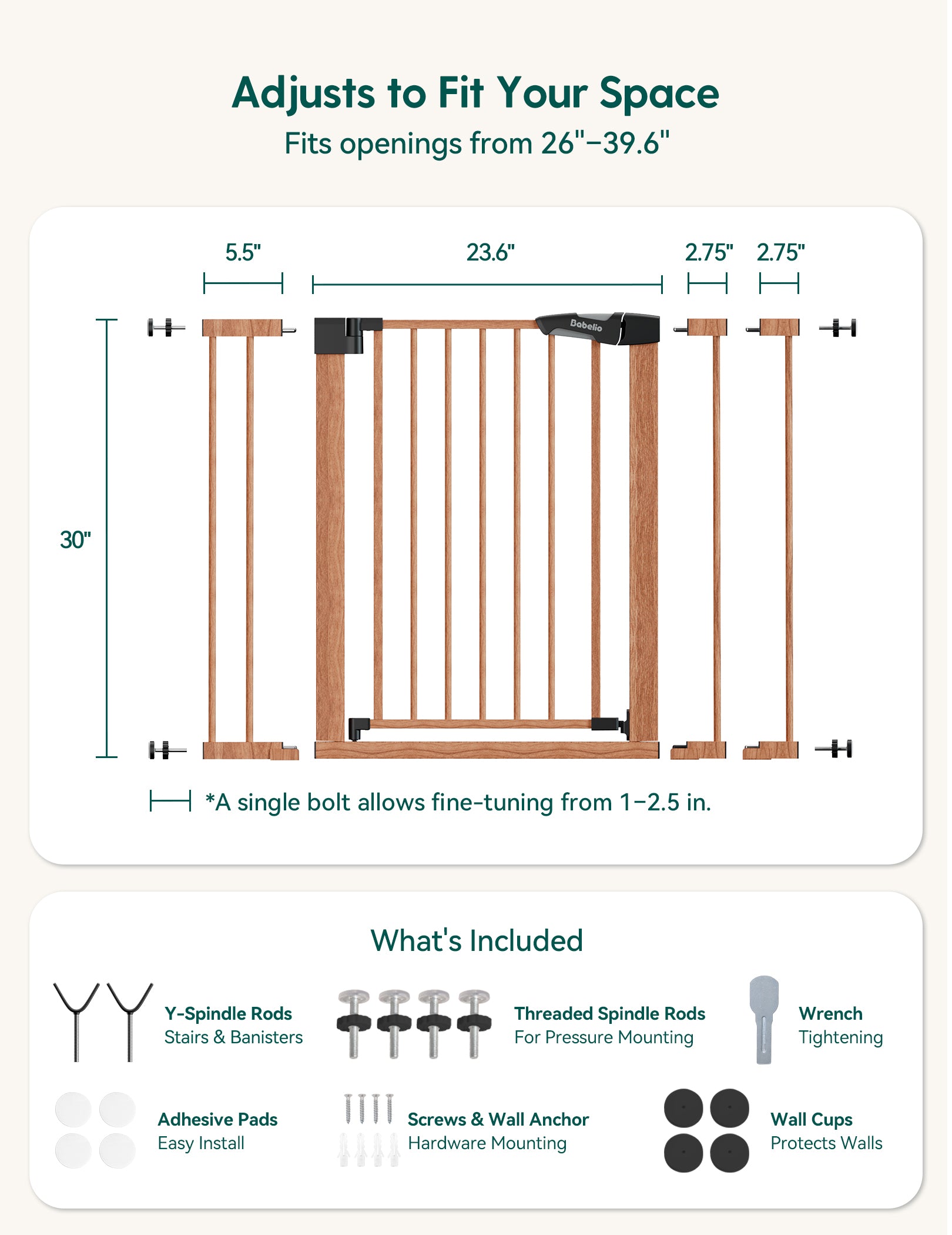 Babelio baby safety gate with adjustable width, pressure or hardware mount, includes spindle rods, wall cups, and wrench