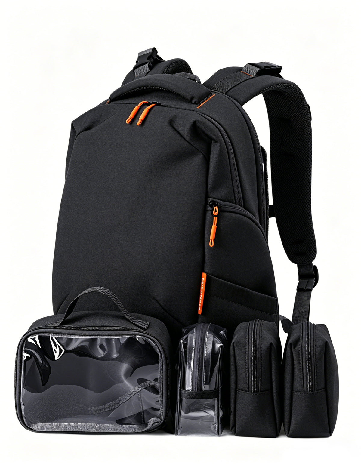 A black backpack with orange zipper accents shown with four matching black pouches and a clear-front organizer bag in front, photographed on a clean white background.
#Color_Black
