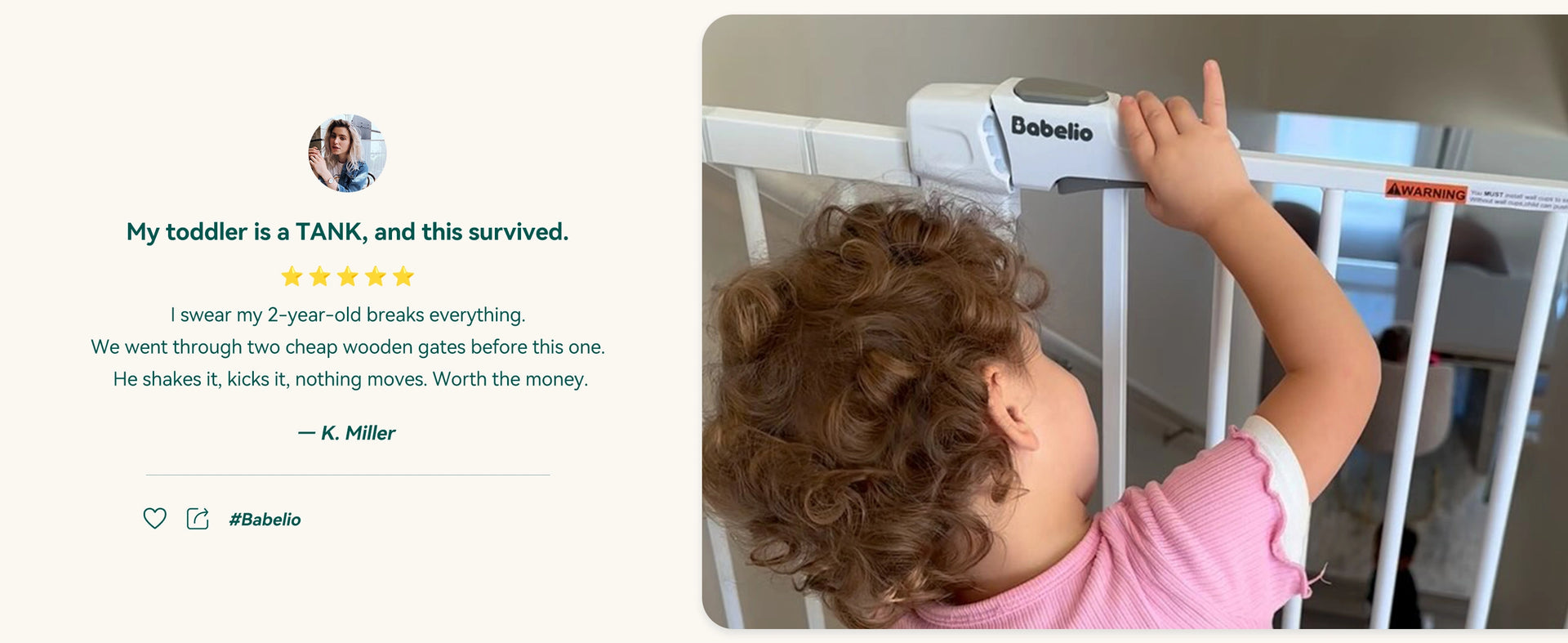 Child interacting with a baby gate with a review text overlay.