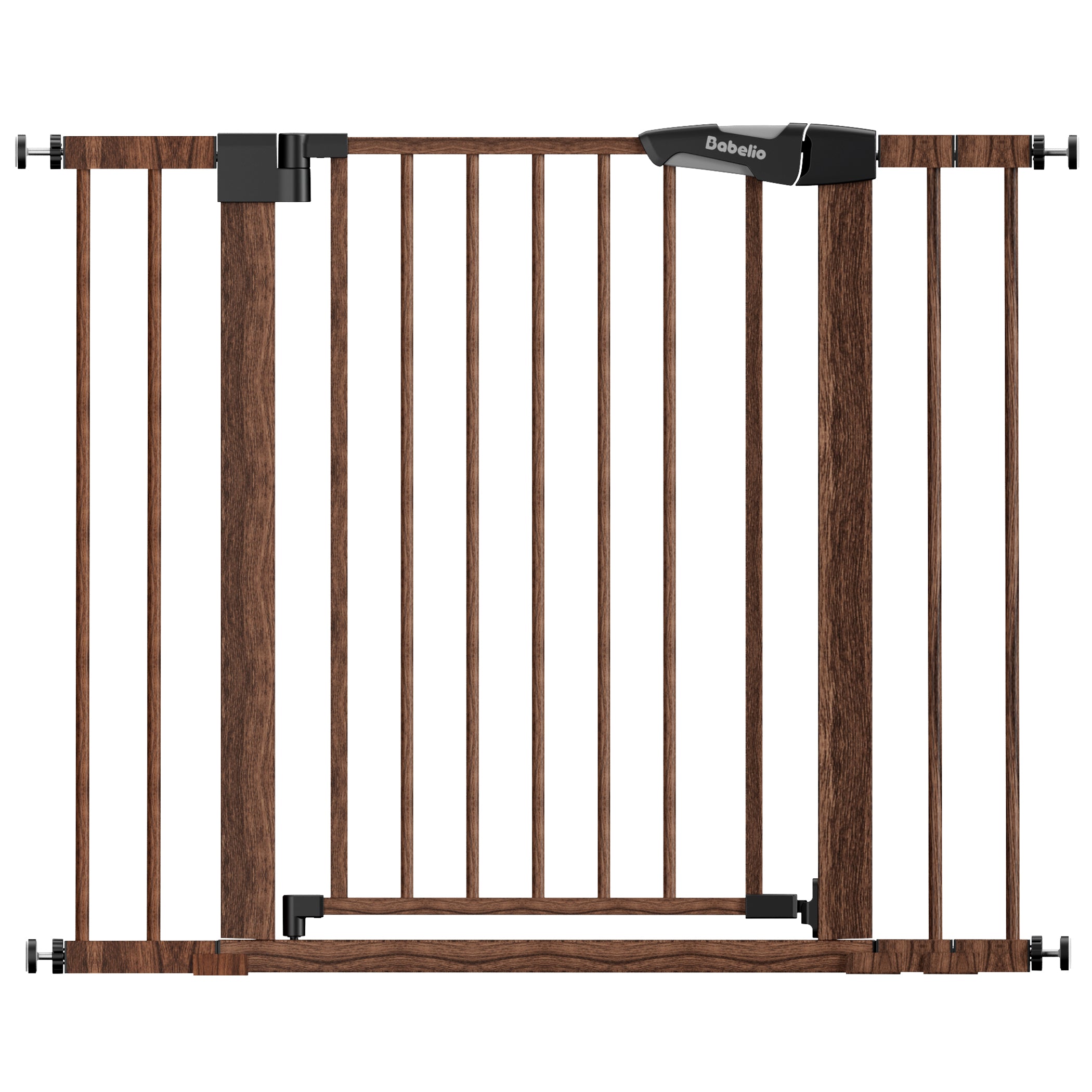 Babelio baby safety gate with wood finish and black hardware, pressure-mounted for stairways or doorways