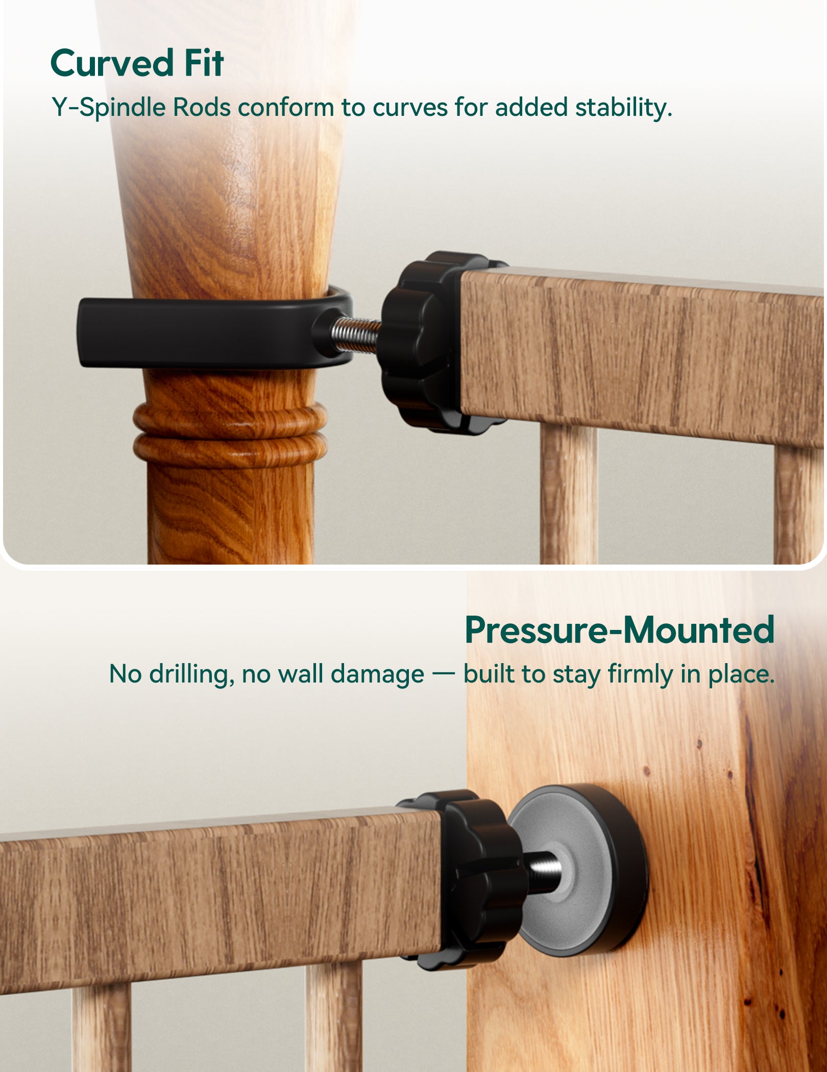 Wooden railing with Y-spindle rod clamp showing curved fit and pressure-mounted design.
#Color_Wood Pattern