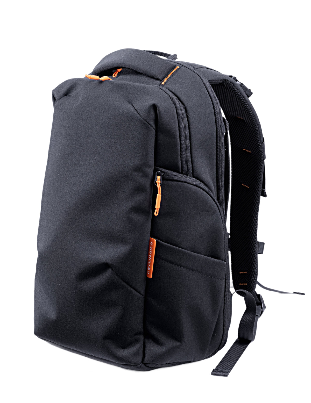 A black backpack with orange zipper pulls and orange brand text on the side pocket, shown on a plain white background.
#Color_Black