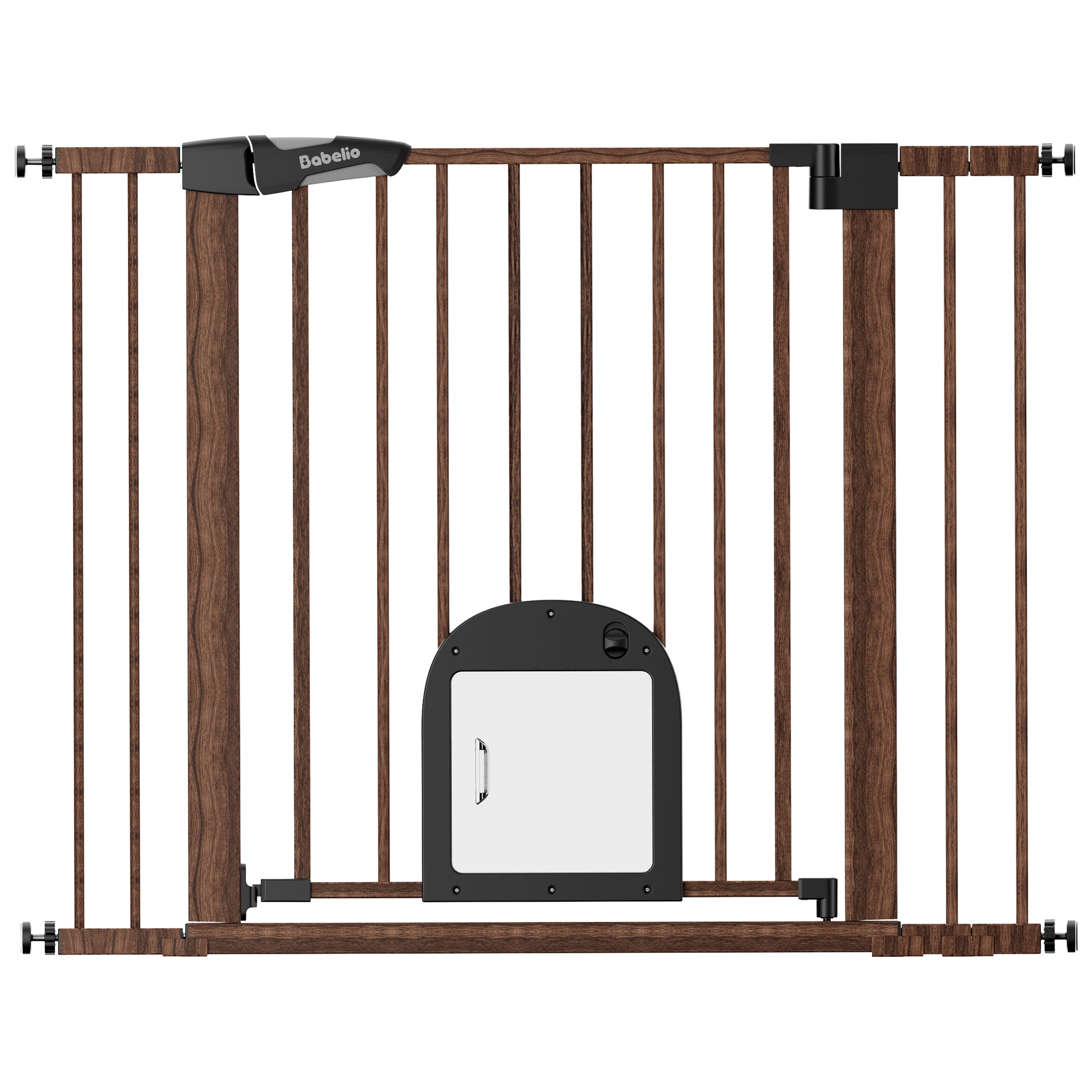 Babelio baby safety gate with pet door, wood finish, pressure-mounted for nursery or hallway