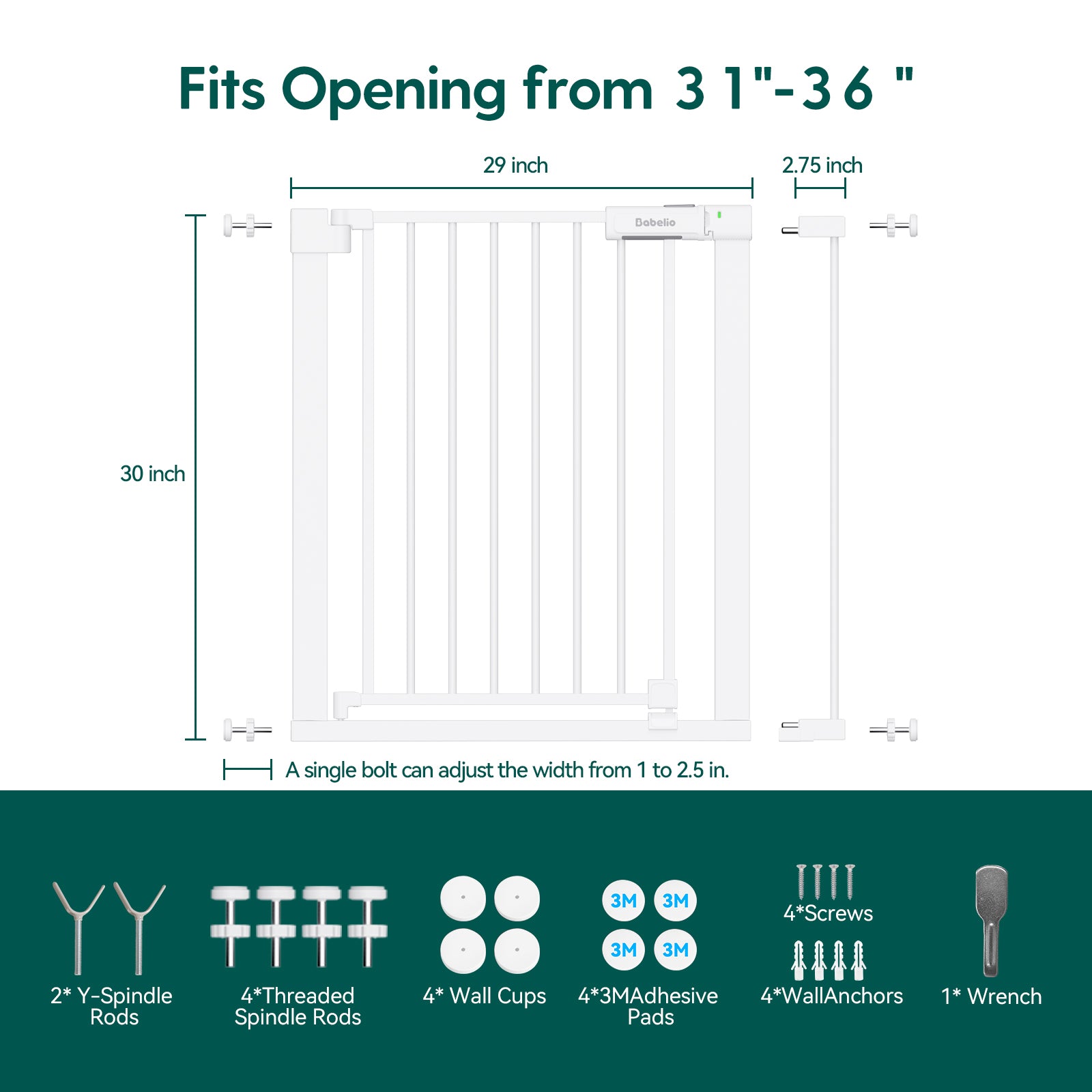 Measurement chart for a security gate with dimensions and included accessories.#Color_White