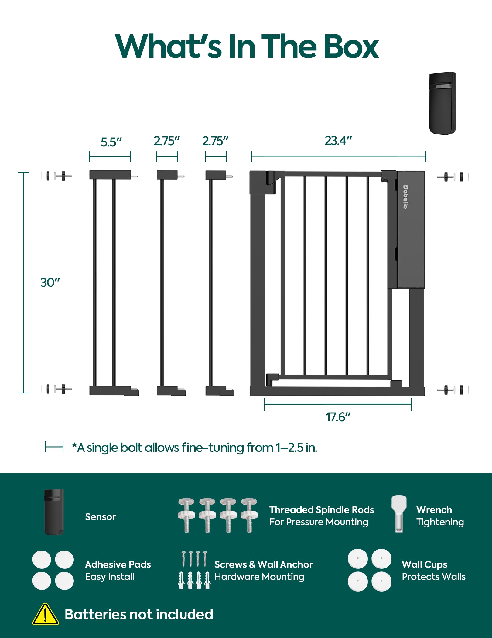 Babelio baby safety gate with sensor, mounting hardware, and installation tools for secure nursery use