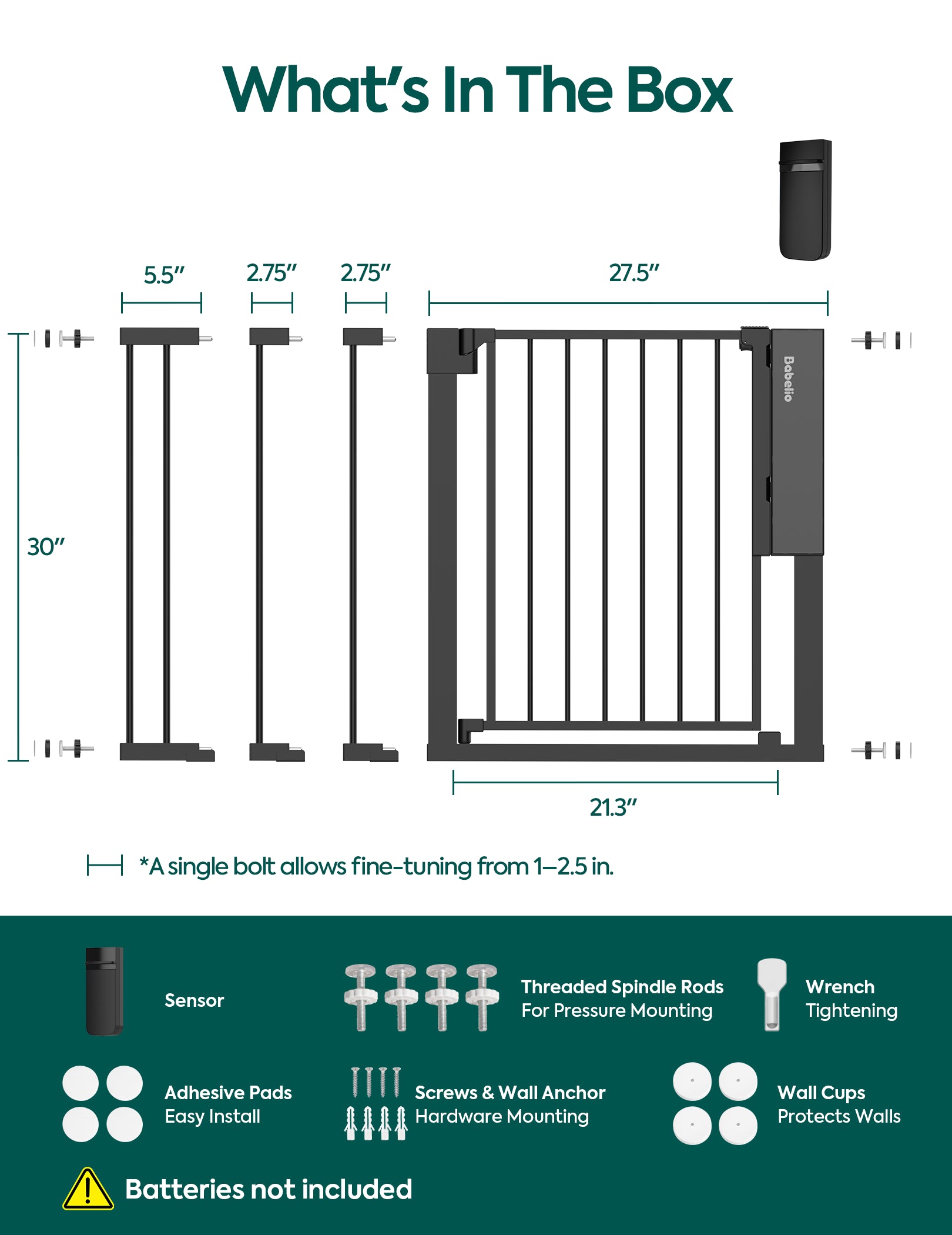 Babelio baby safety gate with sensor, mounting hardware, and installation tools for nursery or hallway use