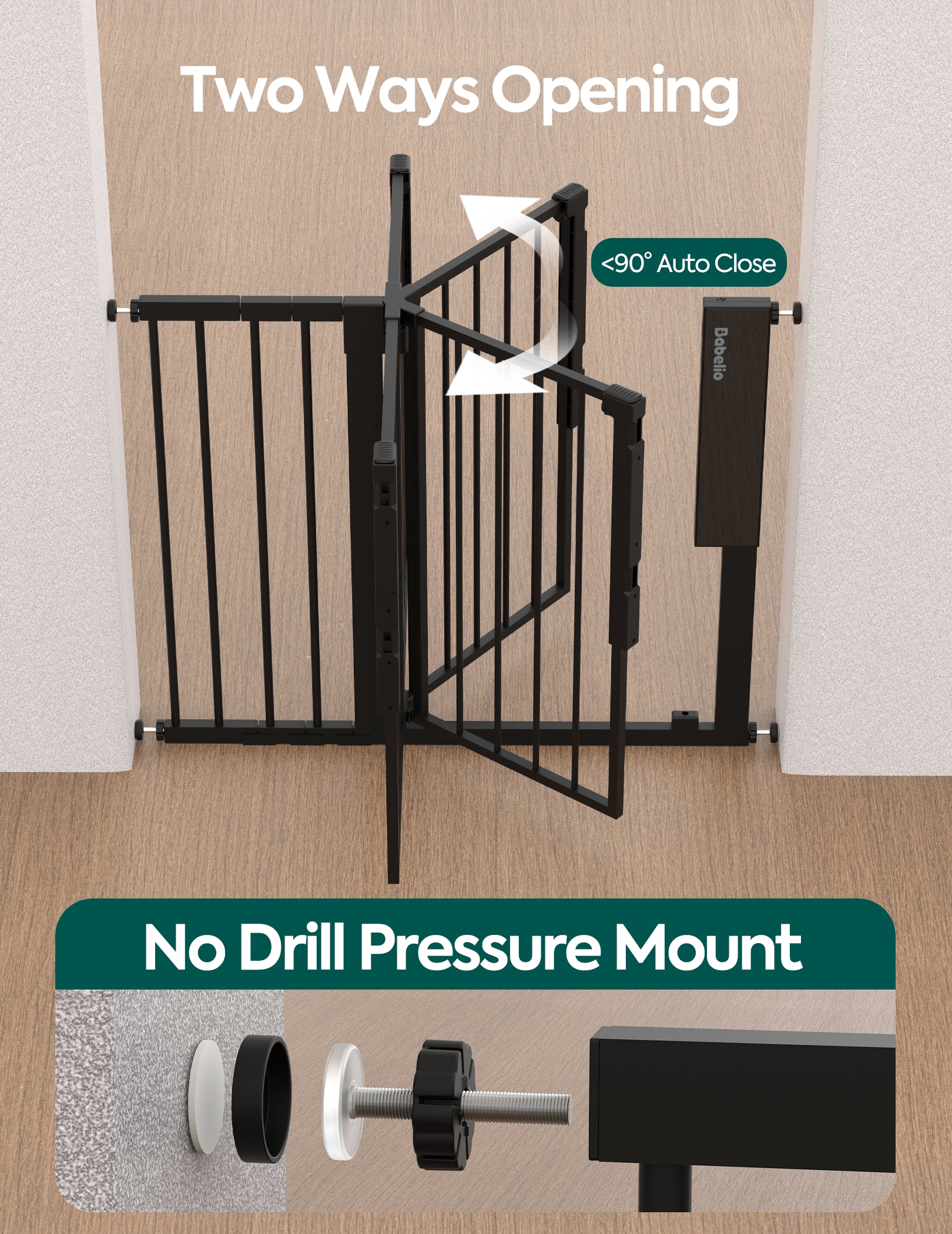 Babelio baby safety gate with two-way opening, auto-close, and no-drill pressure mount for nursery or hallway