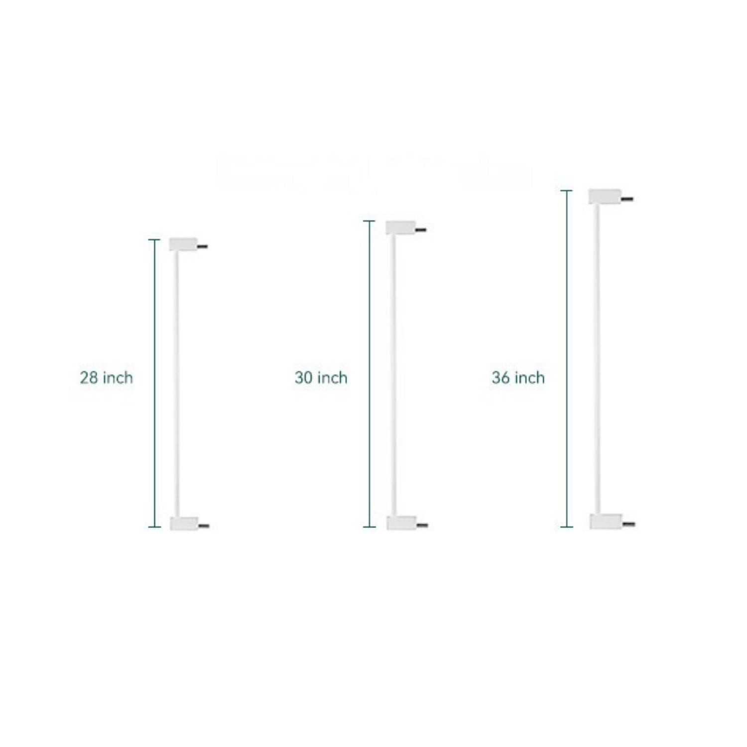 Babelio baby safety gate extensions in 28, 30, and 36 inch heights, white color.