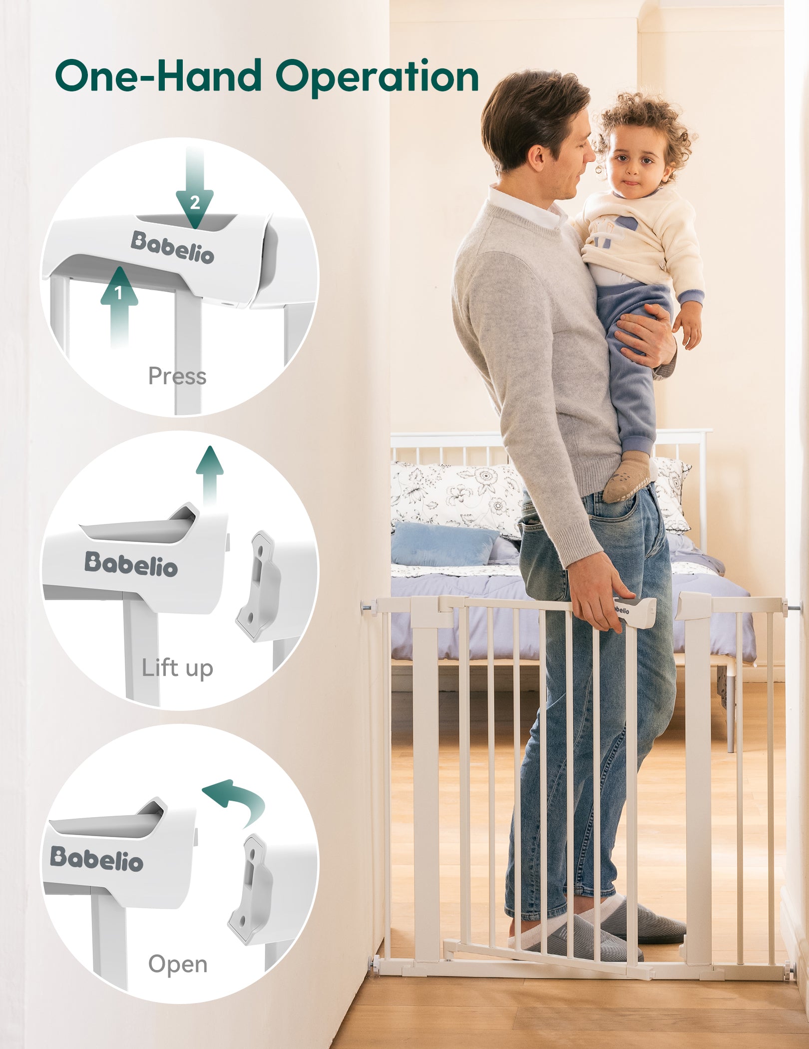 baby gate with one-hand operation instructions and a man holding a child.#Color_White