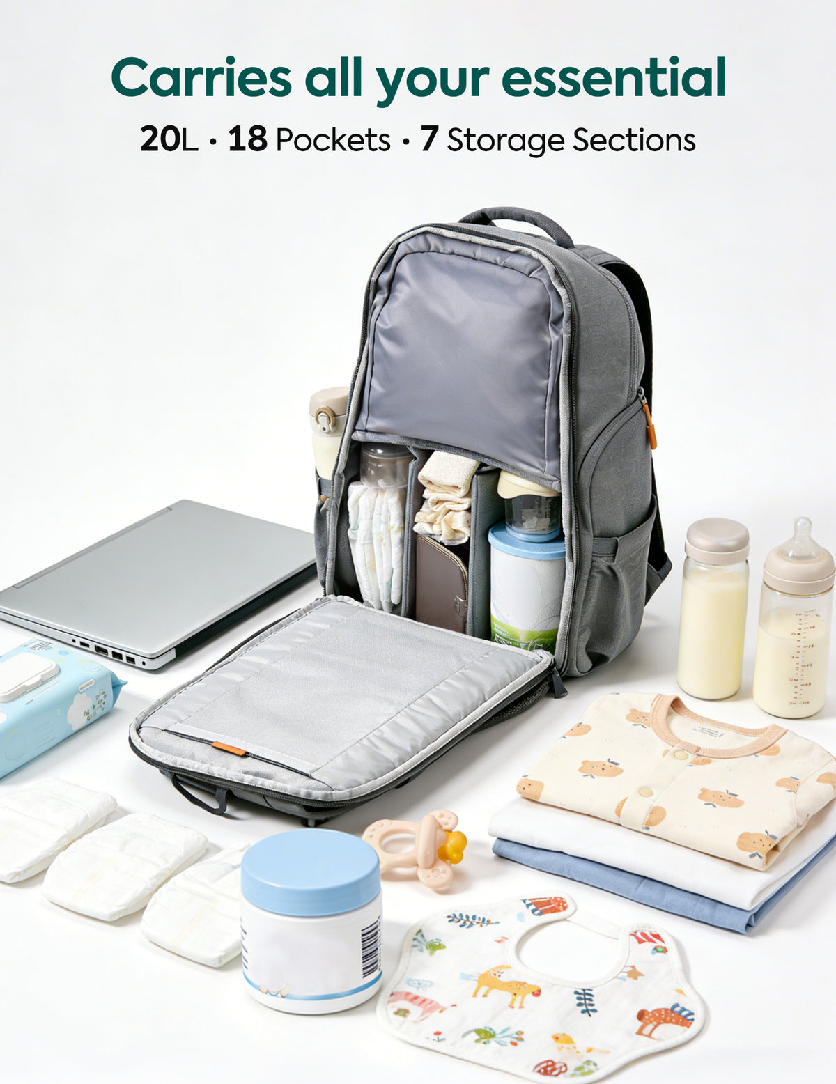 A gray diaper backpack shown open and packed with baby essentials, including bottles, diapers, wipes, a laptop, a pacifier, and folded clothes, on a clean white background with text reading 'Carries all your essential 20L • 18 Pockets • 7 Storage Sections'.#Color_Grey