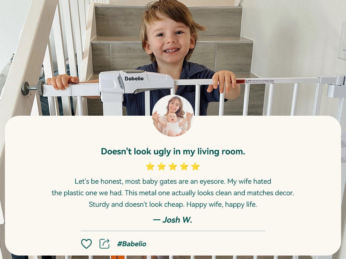 Toddler holding a baby gate with a review quote on a white background