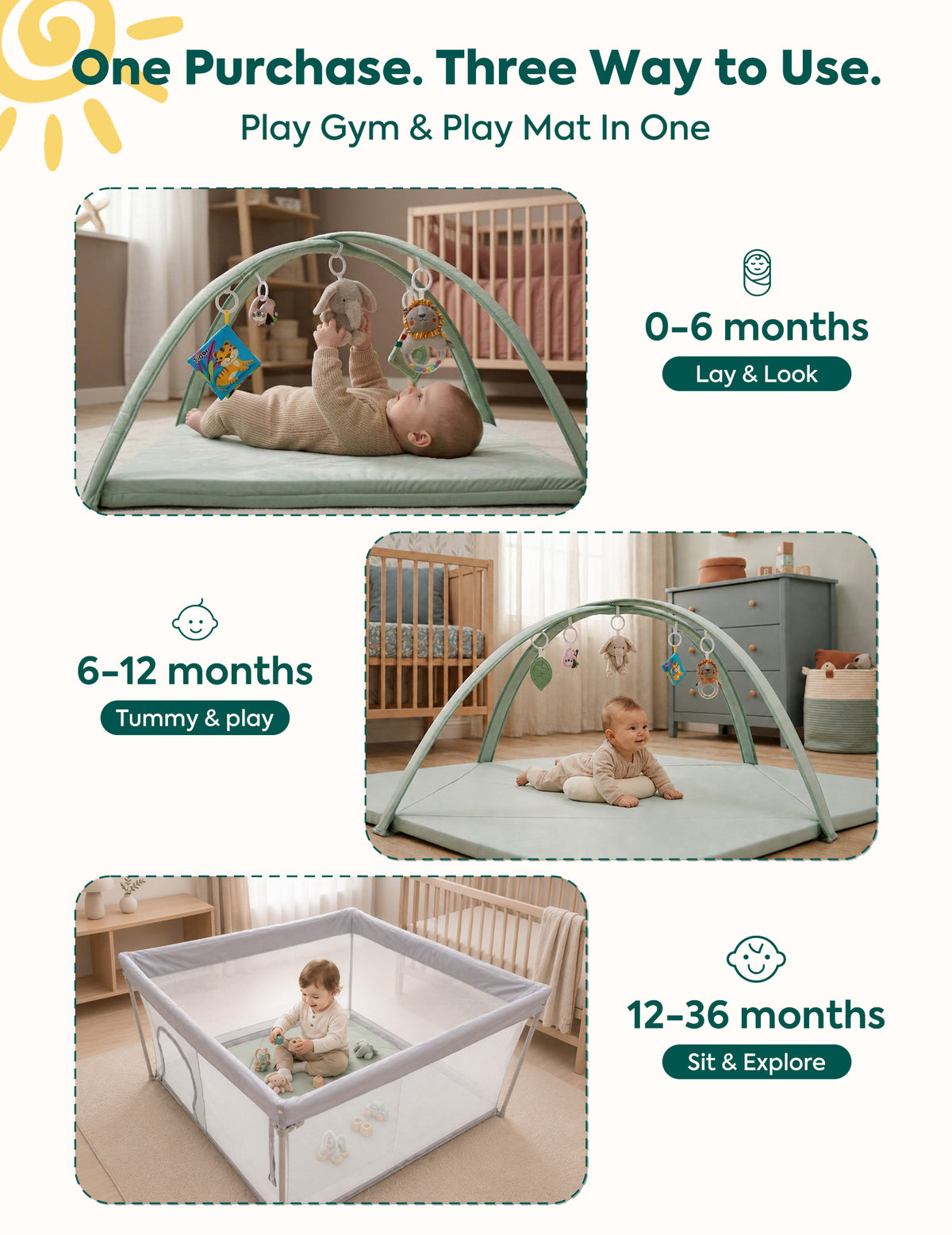 Baby Play Mat & Tummy Time Mat | Convertible Design with 5 Toys