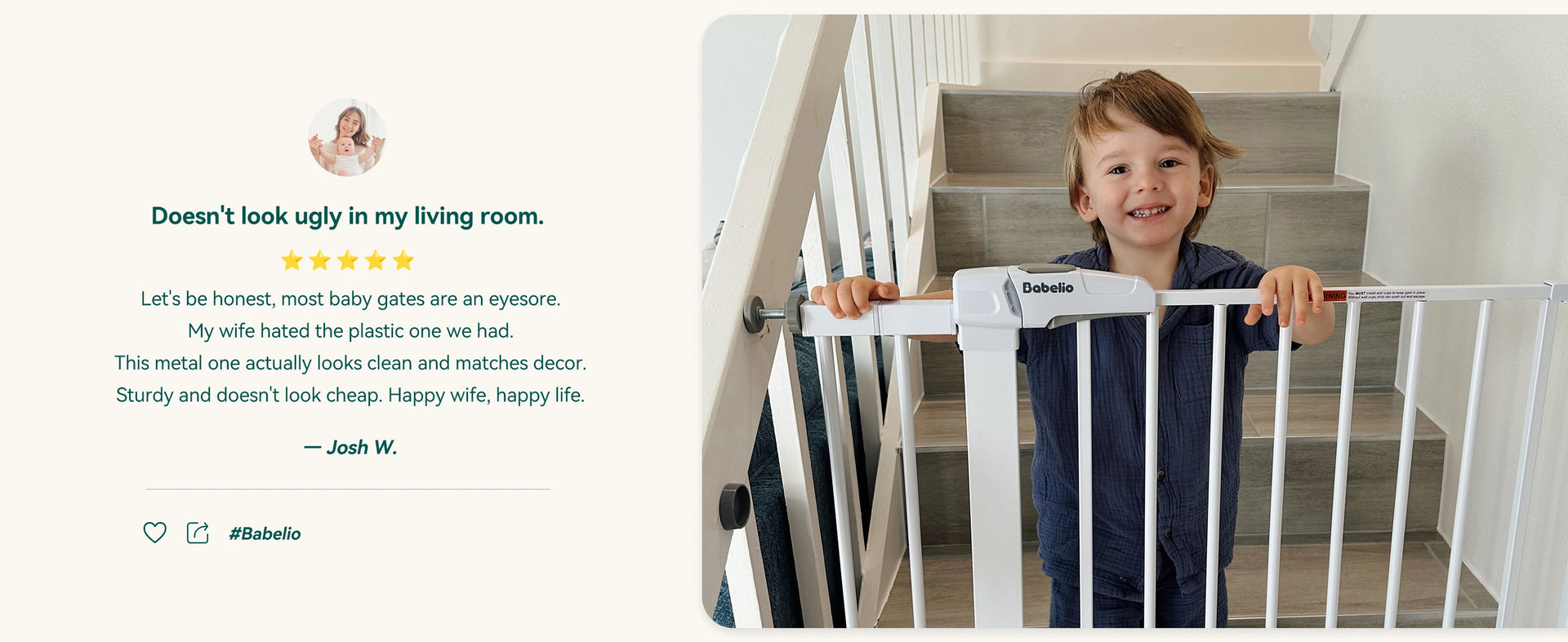 Toddler standing behind a baby gate with a review text overlay on a staircase background