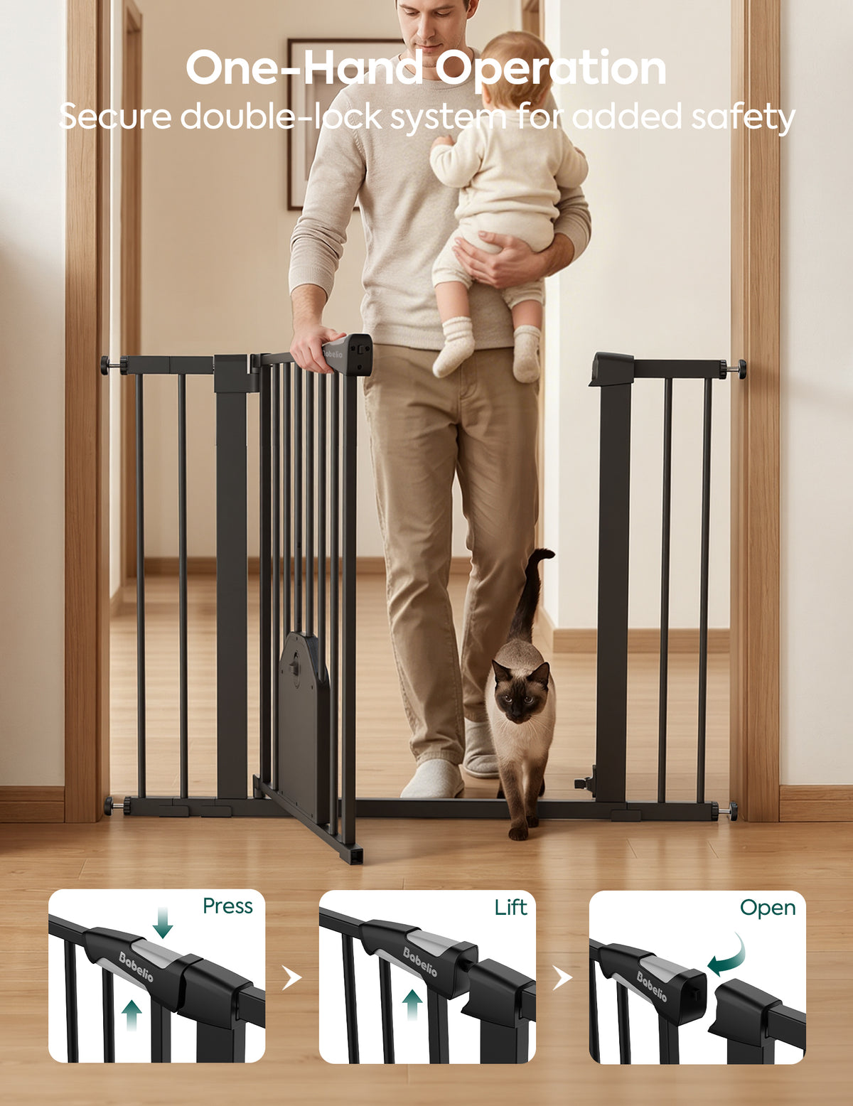 A black metal baby safety gate installed in a doorway, shown with a man holding a baby and a cat walking through. The image includes text reading 'One-Hand Operation Secure double-lock system for added safety' and three small inset diagrams at the bottom showing how to press, lift, and open the gate.#Color_Black