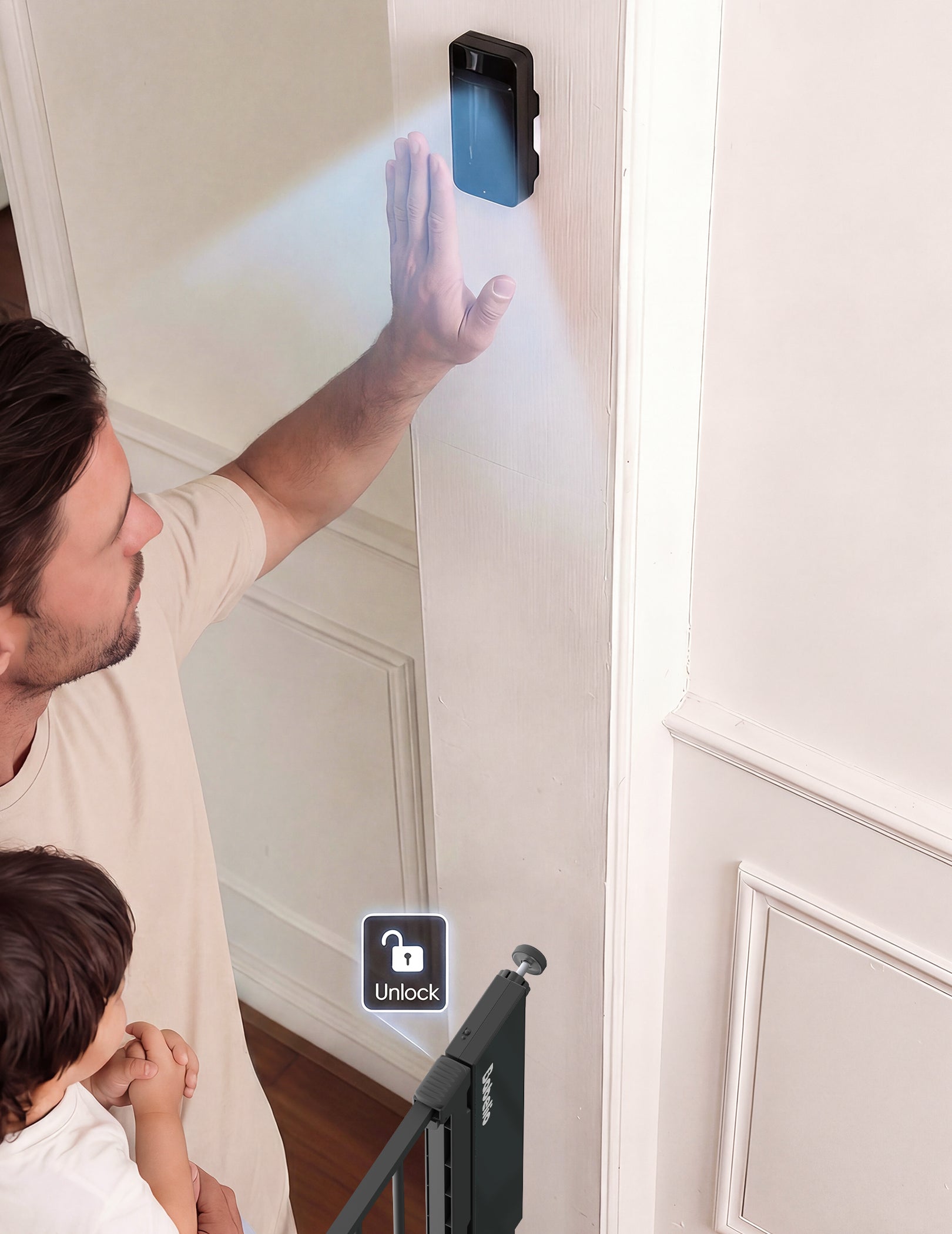 Babelio baby safety gate with smart unlock feature in nursery, parent and child using touch control