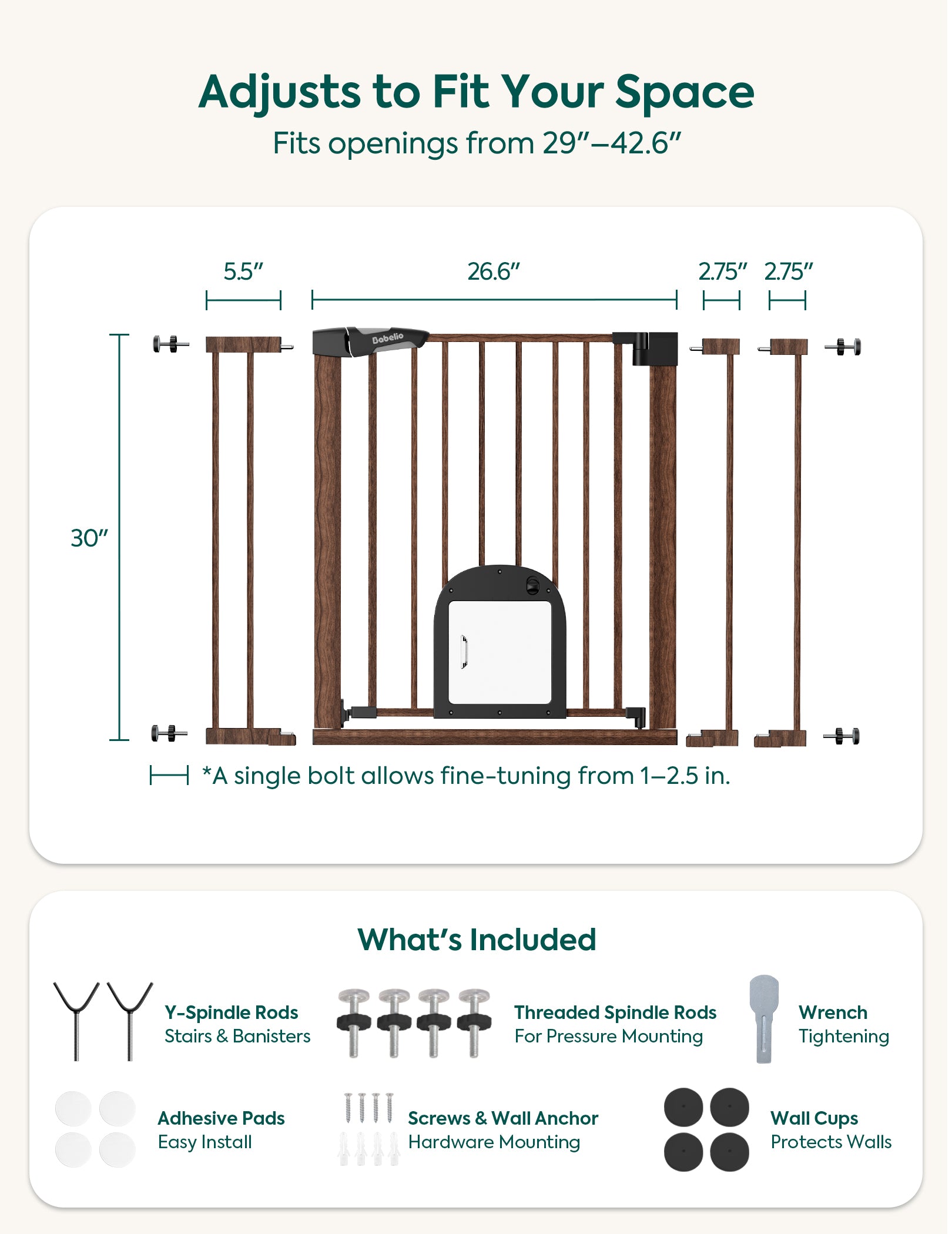 Babelio baby safety gate with adjustable width, pressure & hardware mounting options, includes spindle rods, wall cups, and wrench