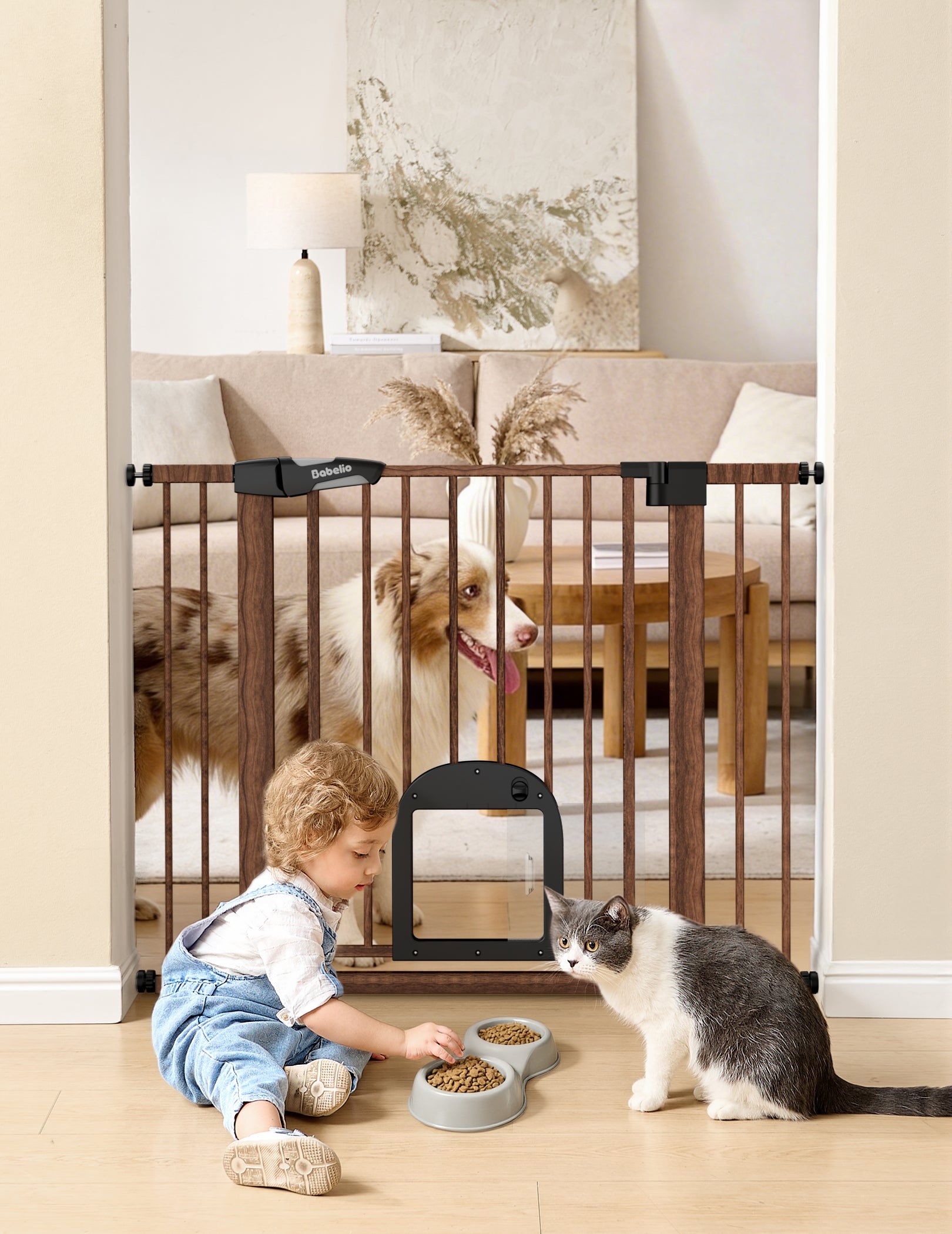 Babelio baby safety gate with pet door in living room, securing child and pets near food bowls