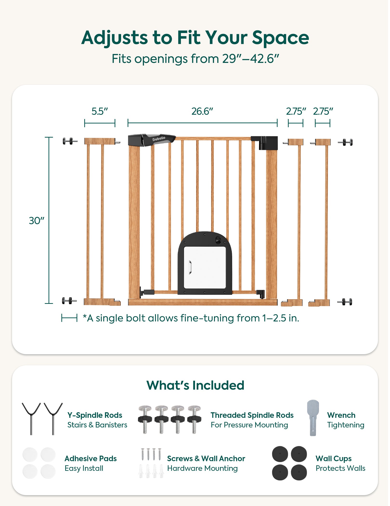 Babelio baby safety gate with adjustable width, pressure & hardware mounting options, includes spindle rods, wall cups, and wrench