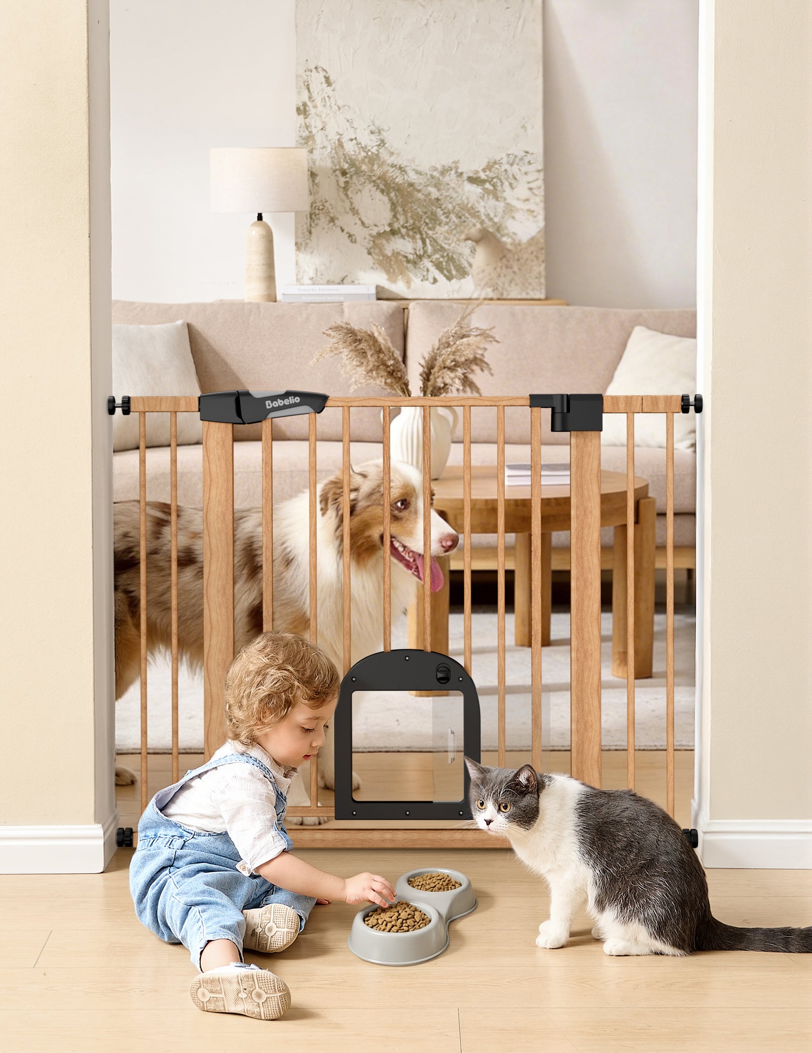 Babelio baby safety gate with pet door in living room, securing toddler and pets