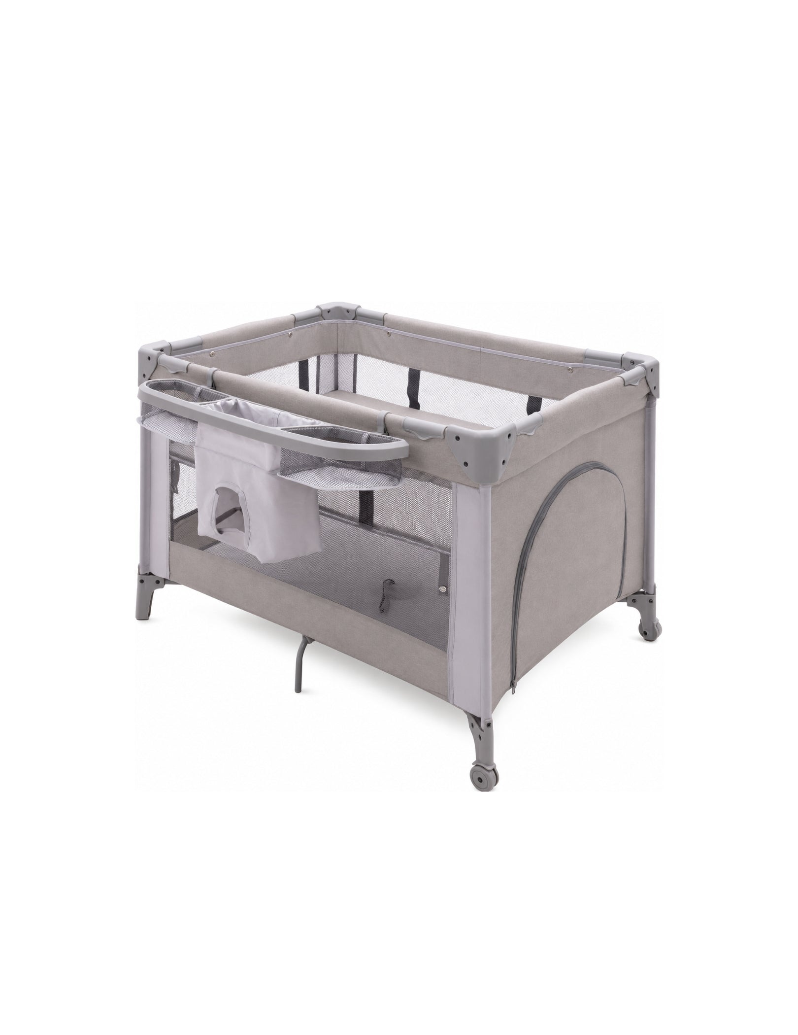 Babelio baby playpen with mesh sides, storage pockets, and wheels for nursery safety