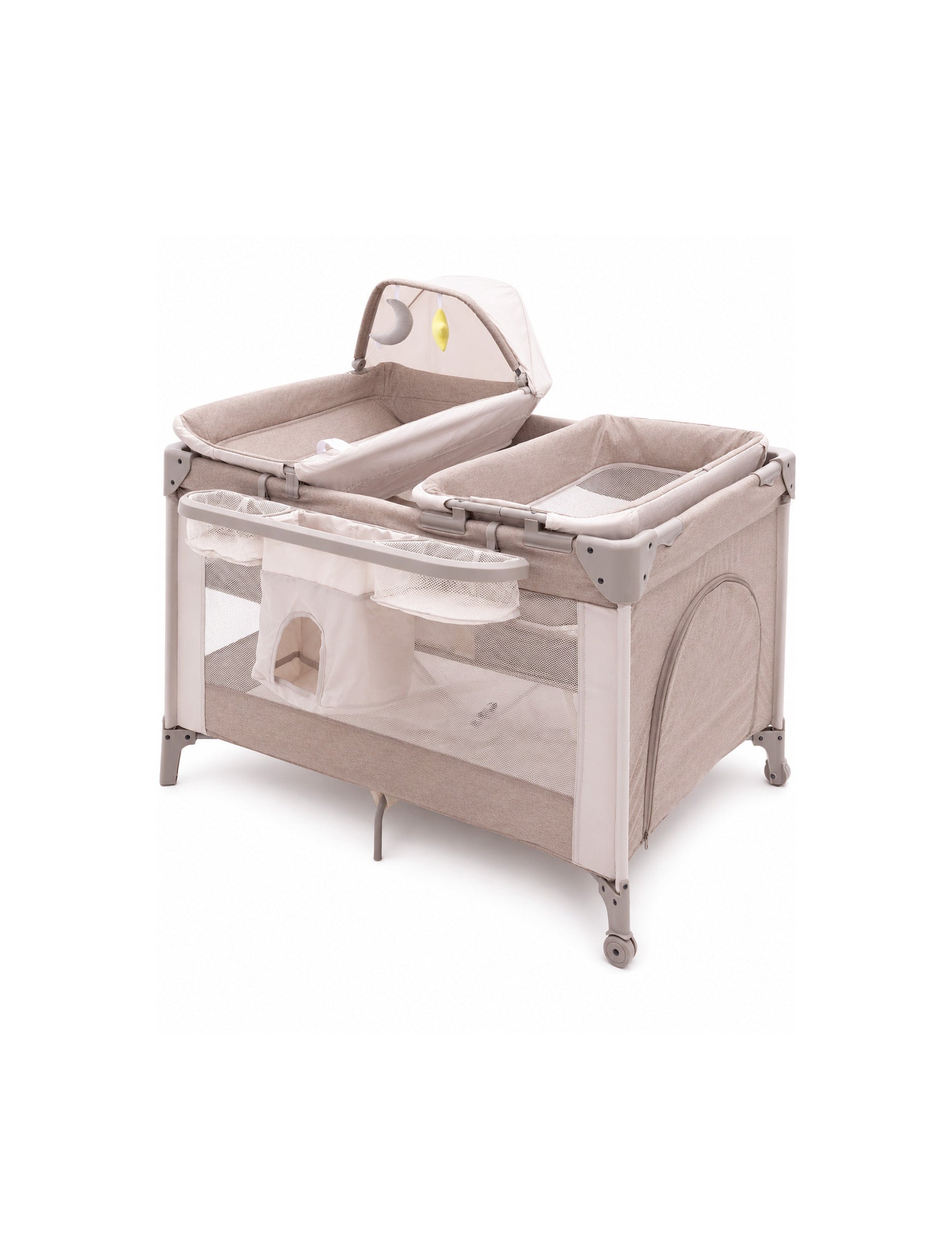 Babelio baby safety gate with mesh sides and storage pockets, ideal for nursery use