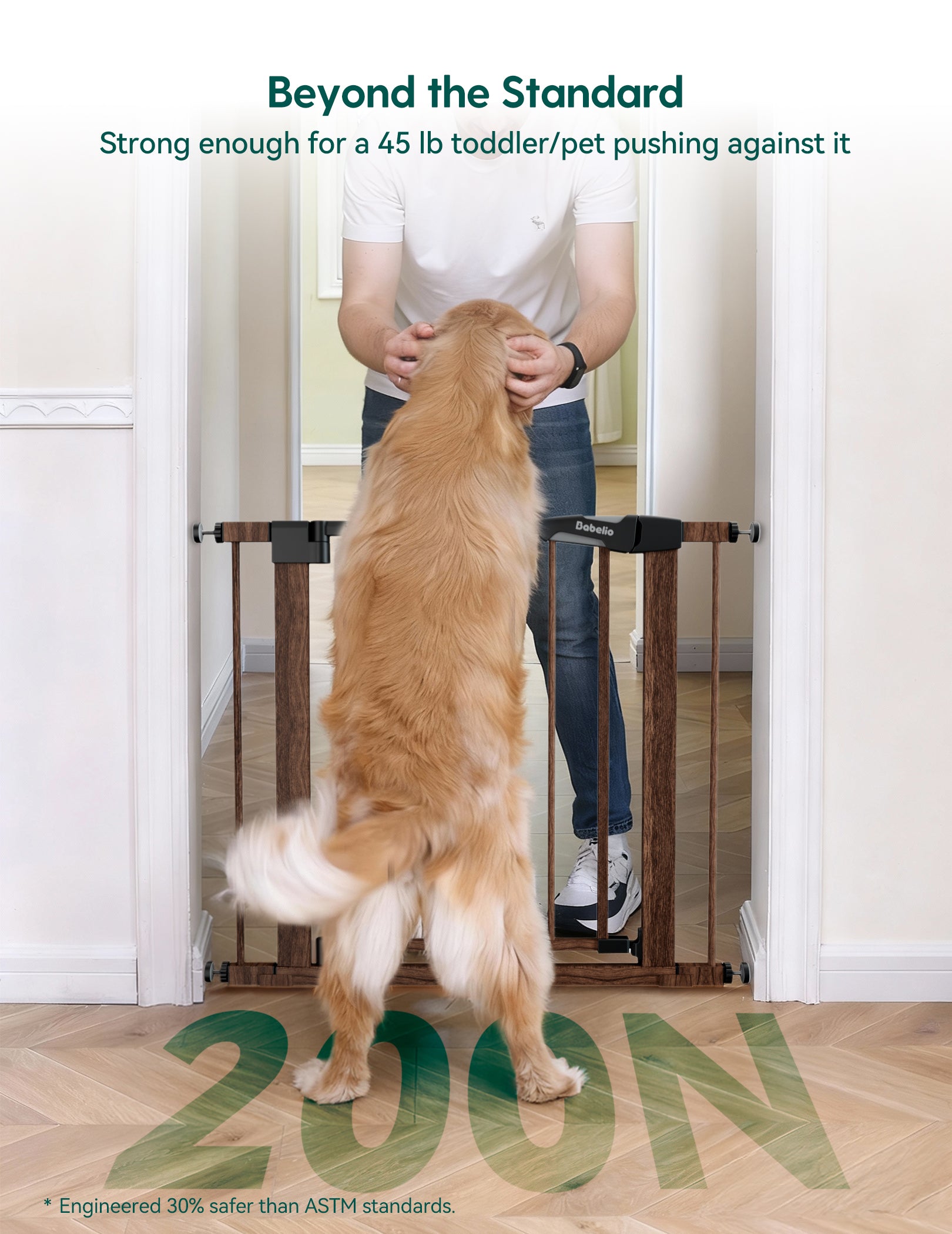 Dog standing on a pet gate with a person behind it, promoting the gate's strength. #Color_Brown Wood Pattern