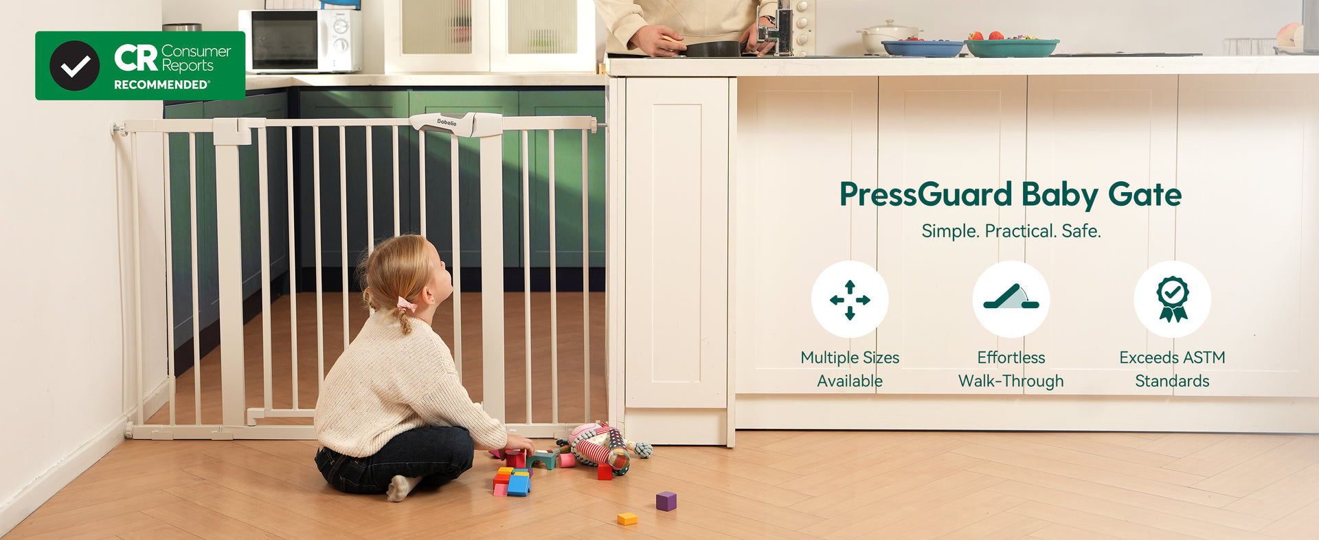 Babelio PressGuard Baby Gate get Consumer Reports Recommend Icon. Child playing with toys near a PressGuard baby gate in a home setting.