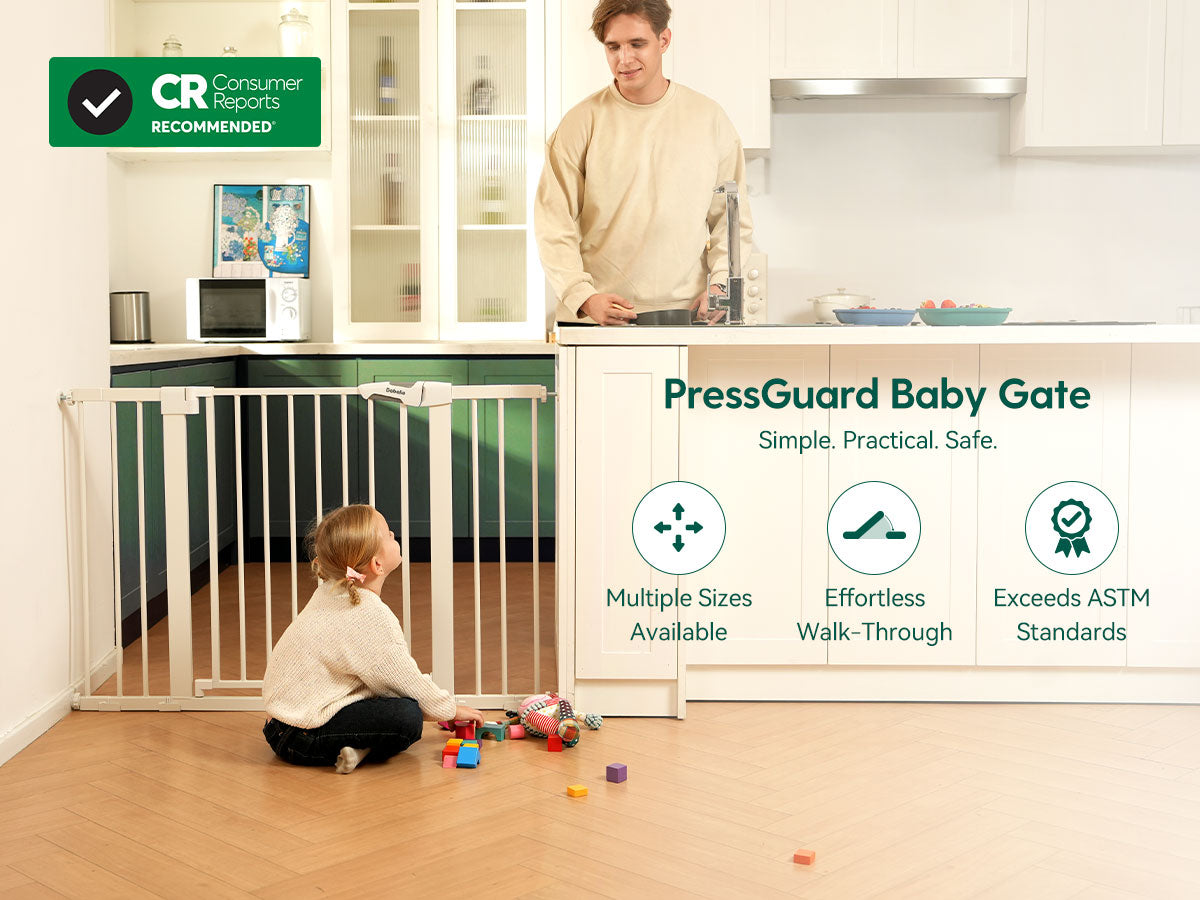 Babelio PressGuard Baby Gate get Consumer Reports Recommend Icon. PressGuard baby gate in a kitchen setting with a child playing and a person at the sink.