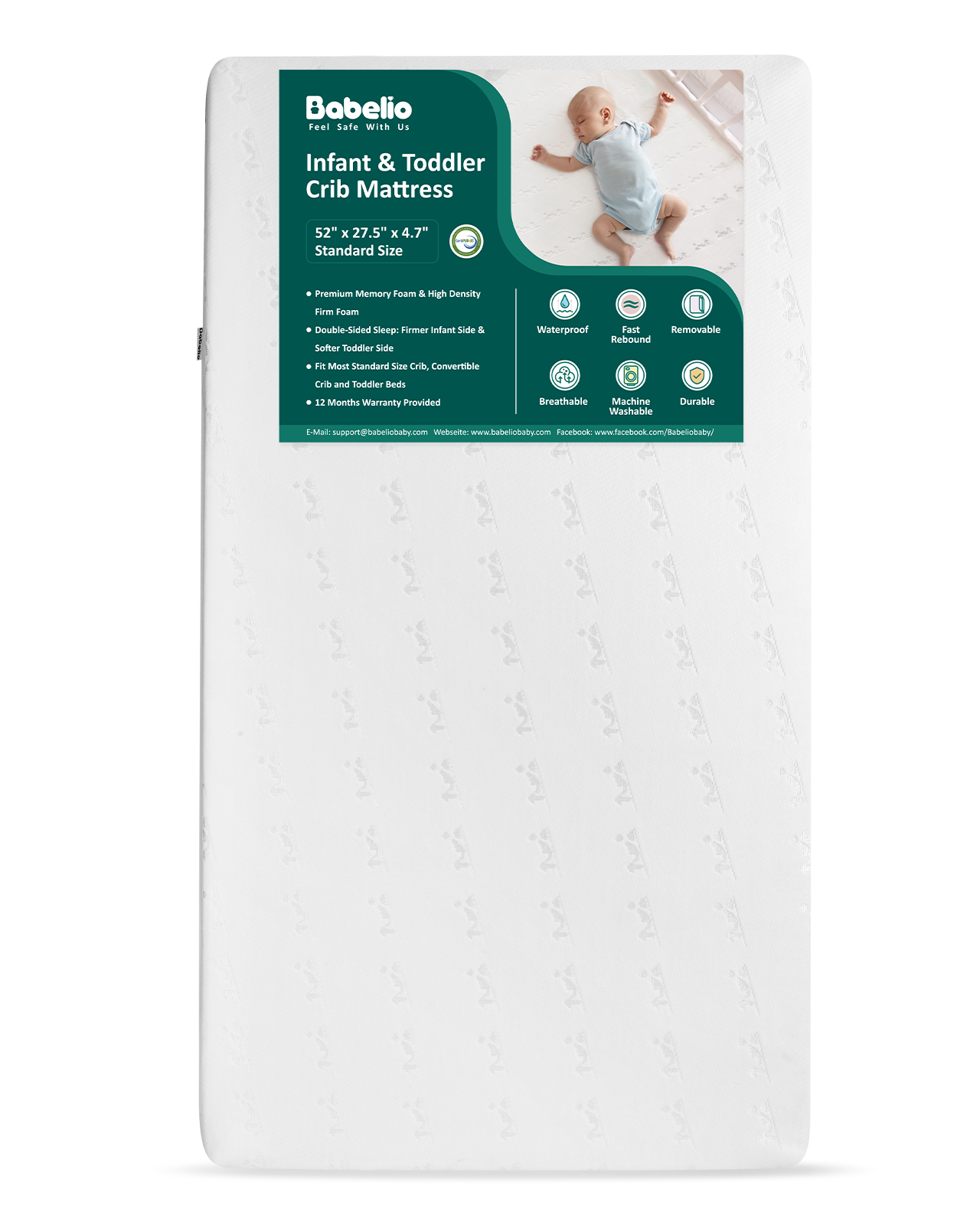 Babelio Infant & Toddler Crib Mattress with premium memory foam, waterproof, and breathable design for safe sleep.