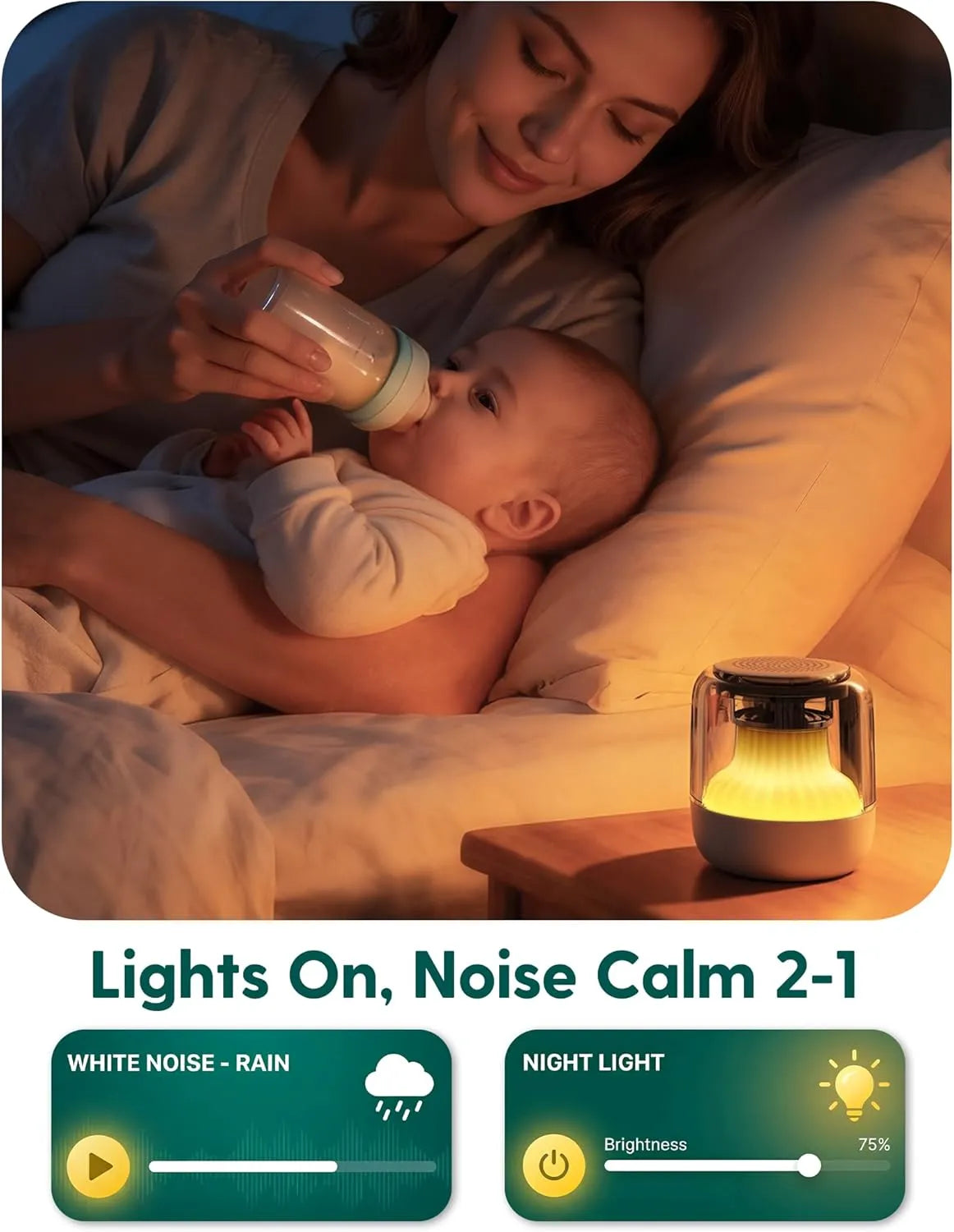 Babelio white noise machine with night light in nursery, soothing baby during feeding