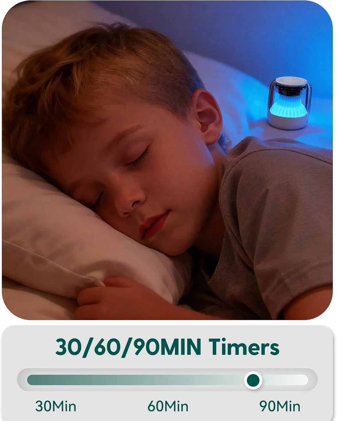 Babelio white noise machine with blue night light helping child sleep in bedroom, 30/60/90 min timers