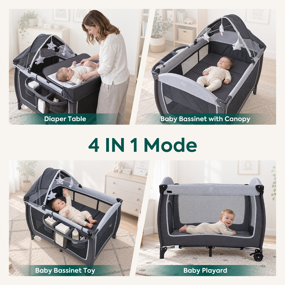 Baby Playard with Canopy, Portable Crib with Changing Table