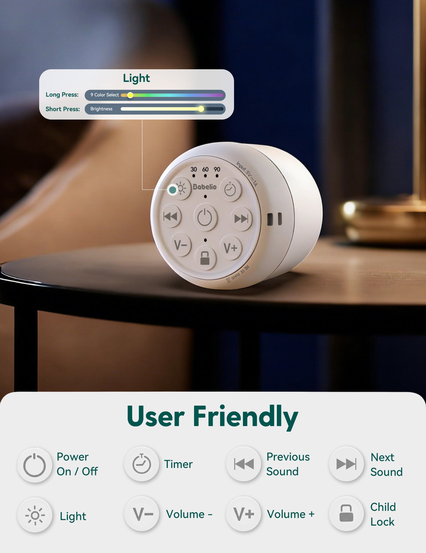 Babelio white noise machine with light and timer controls on nursery nightstand