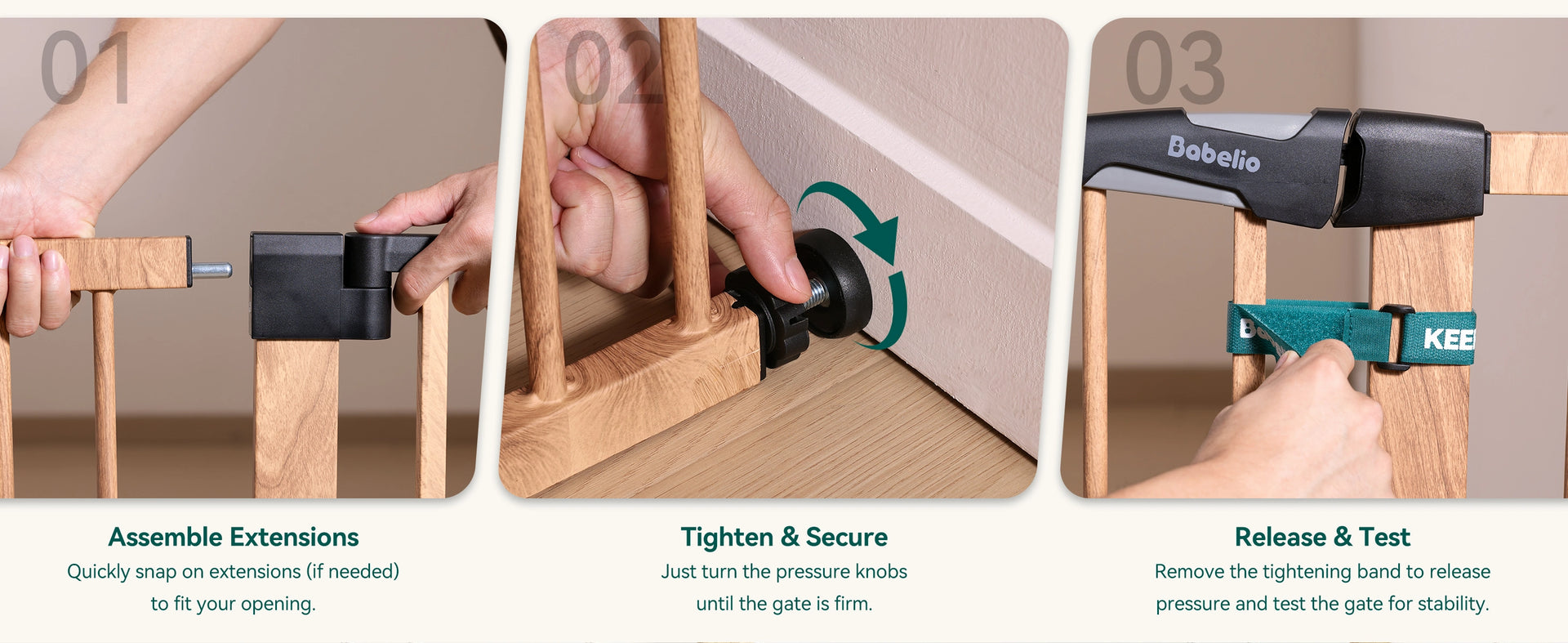 Step-by-step assembly process of a wooden gate with tools and hands involved.