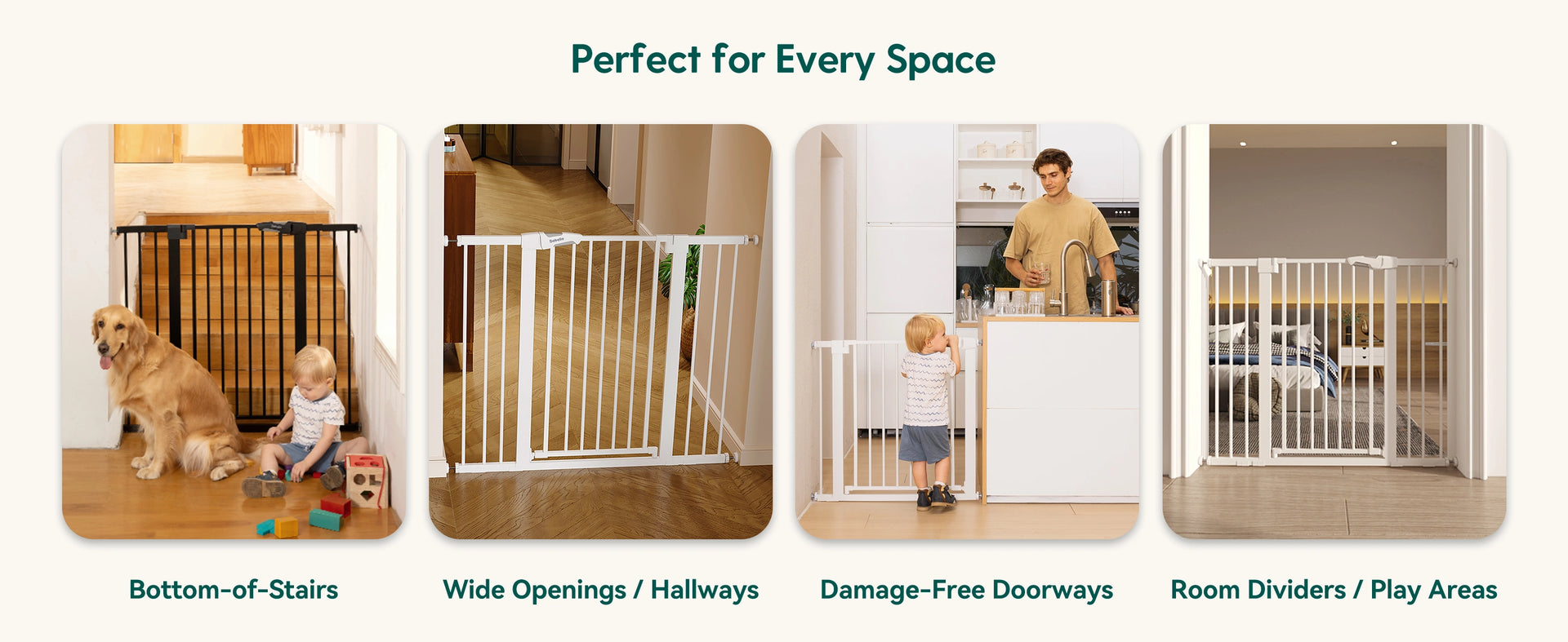 Baby gate product with usage scenarios on a white background