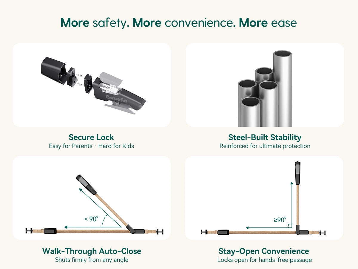 Product features with text 'More safety. More convenience. More ease' on a beige background.