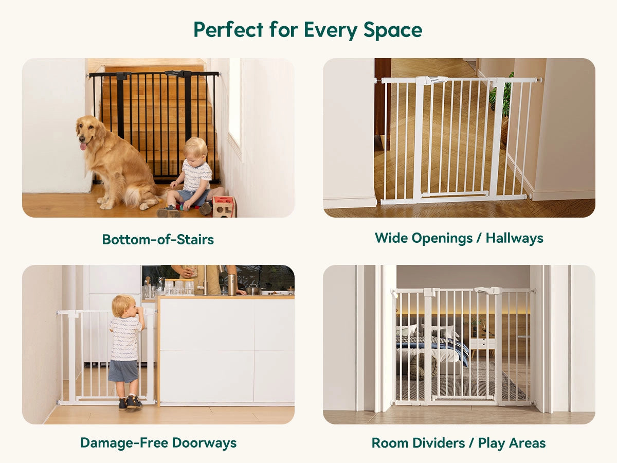 Baby gate being used in various home settings with text indicating its versatility.
