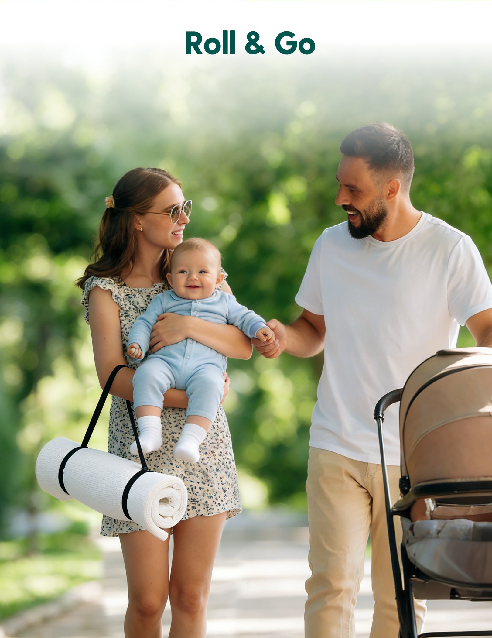 Babelio Roll & Go portable baby mat for outdoor use with family, stroller, and baby in park setting