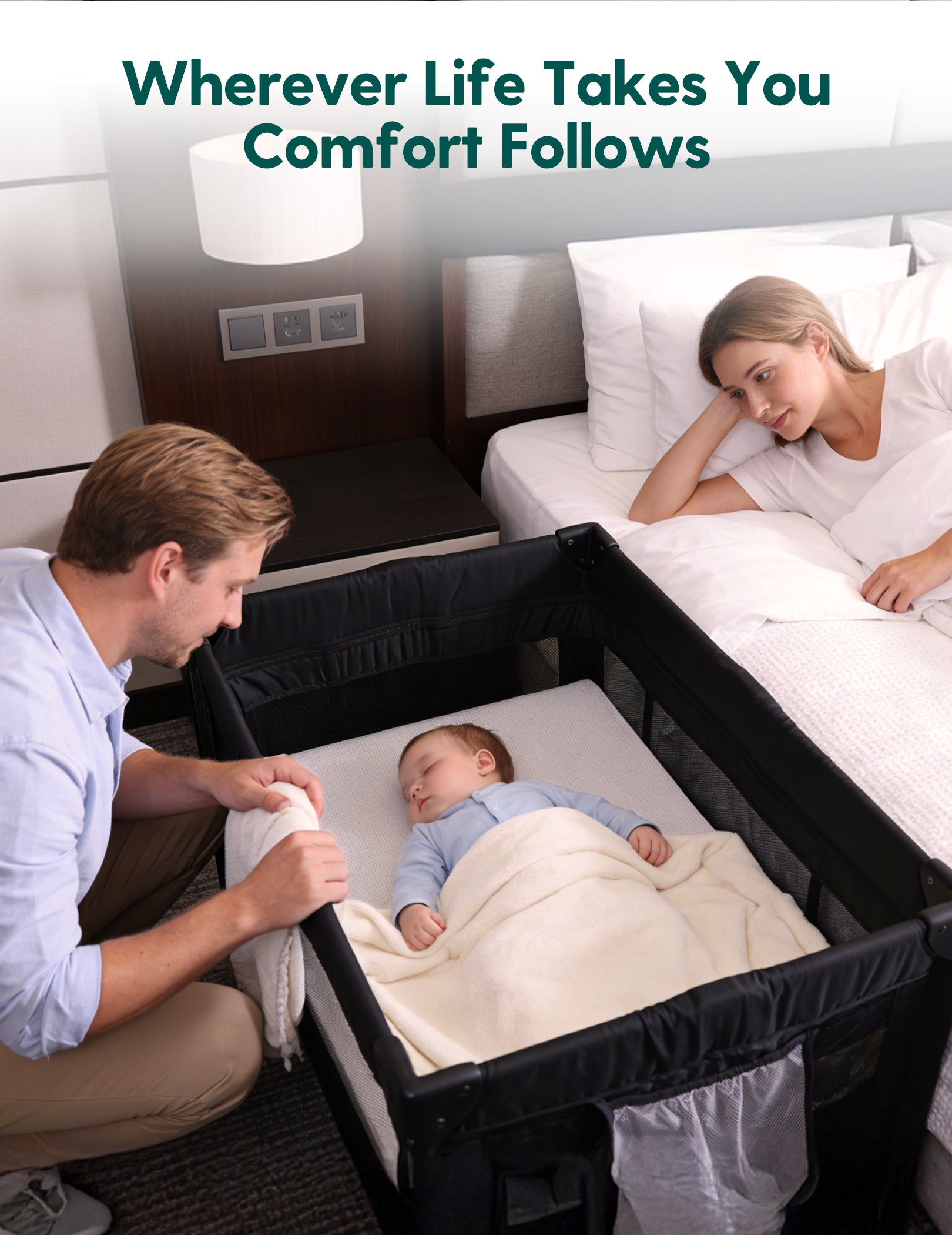 Babelio baby safety gate in bedroom with parents and sleeping baby