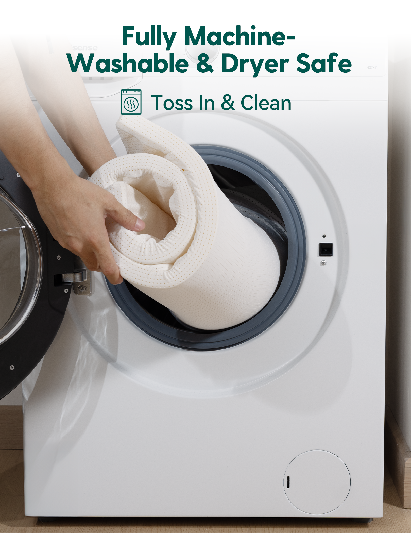 Babelio crib mattress being washed in machine, fully machine-washable and dryer safe for easy cleaning