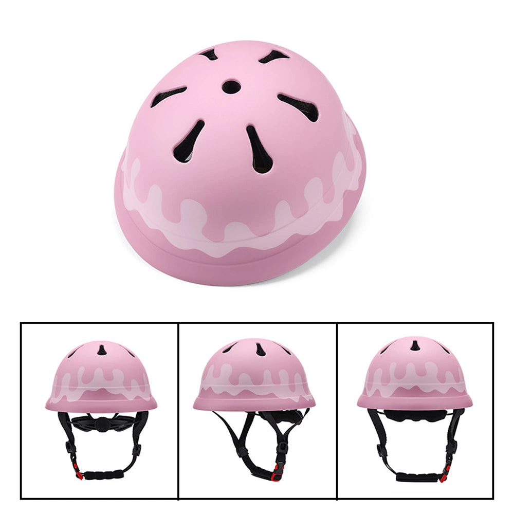 A pink LulliNini Kids Breathable Balance Bike Helmet with different views showing the front, side, and back. The helmet features a thickened shell with ventilation holes and an adjustable headband.