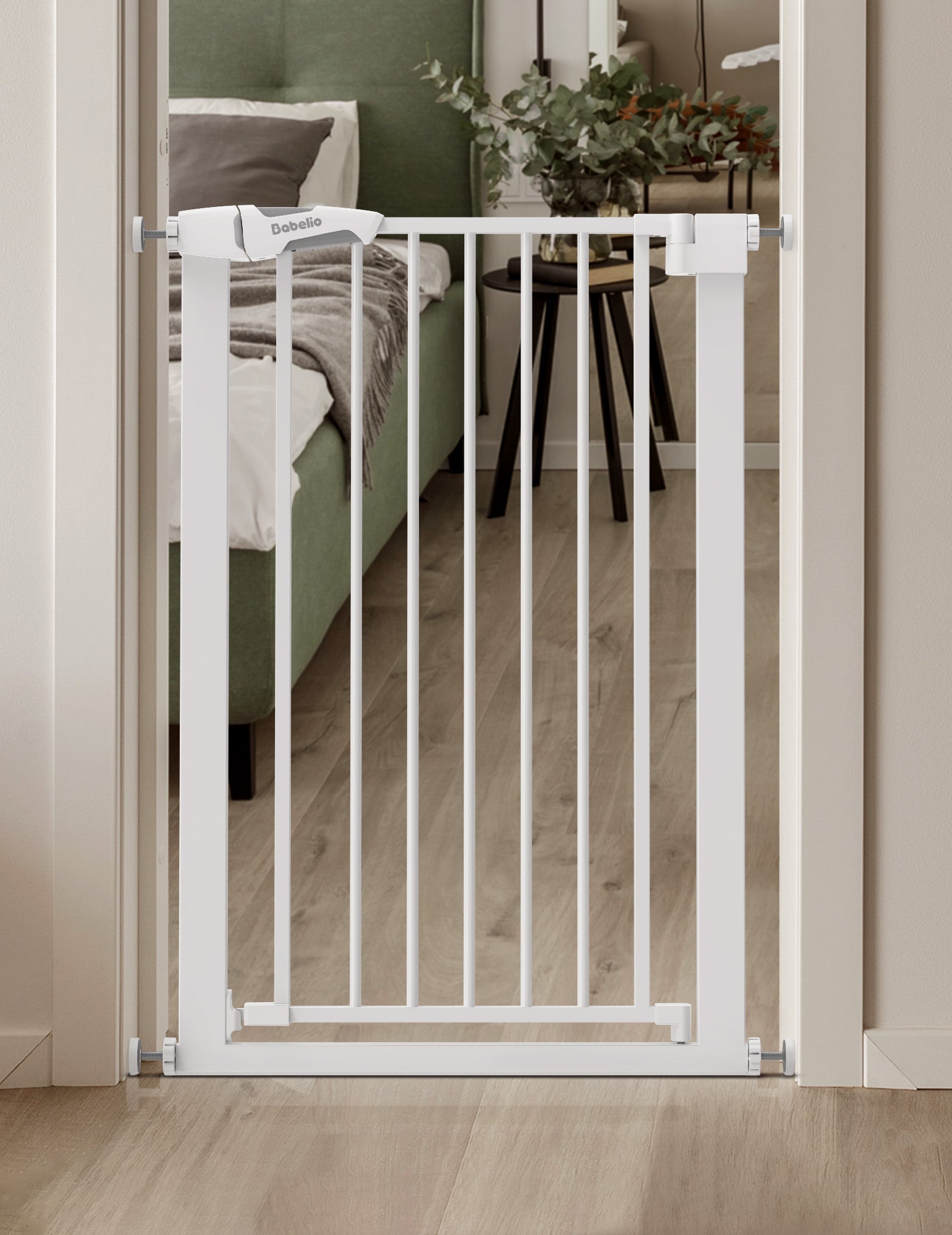 Babelio baby safety gate installed in bedroom doorway with modern decor