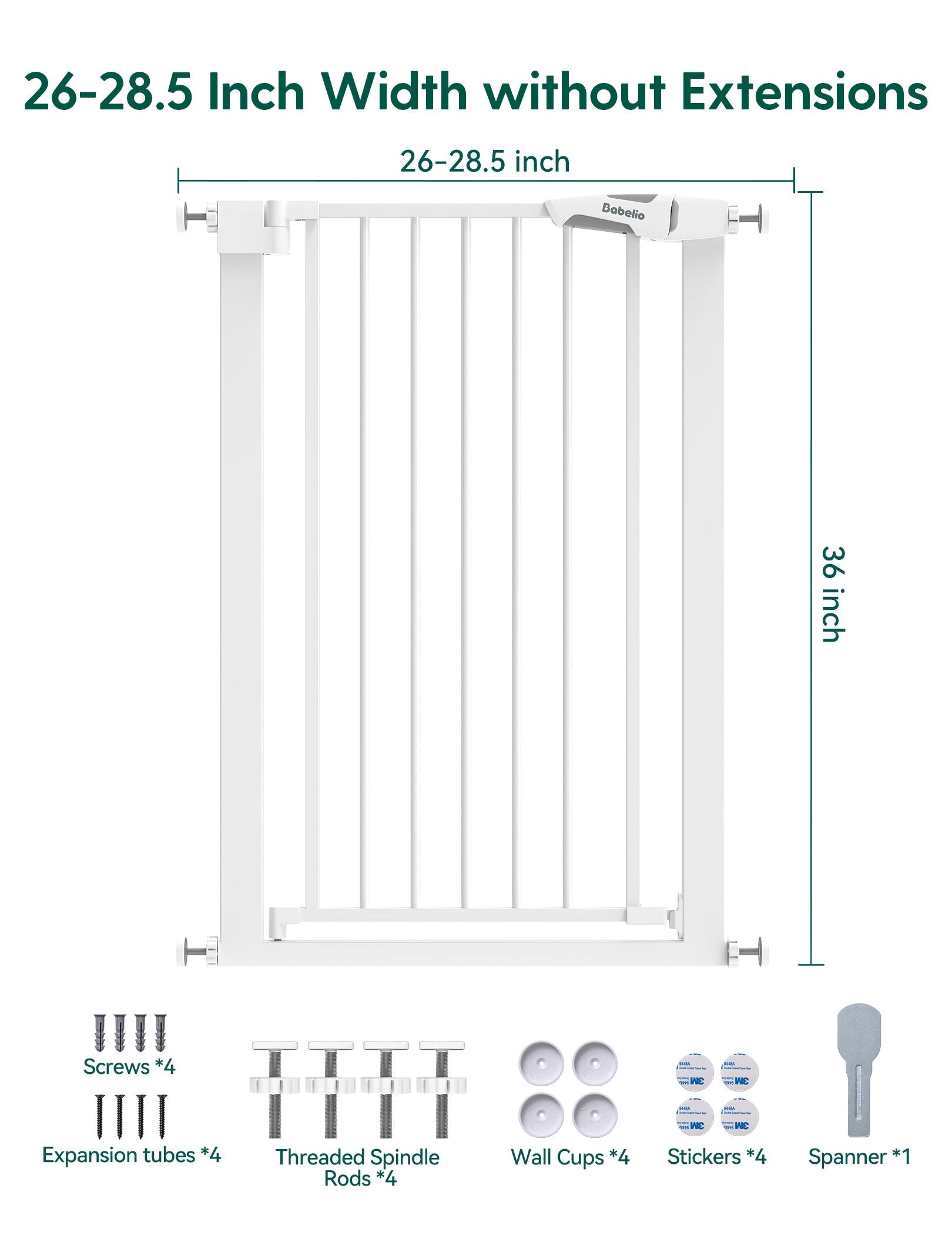 Babelio baby safety gate for narrow space, white, with installation accessories shown