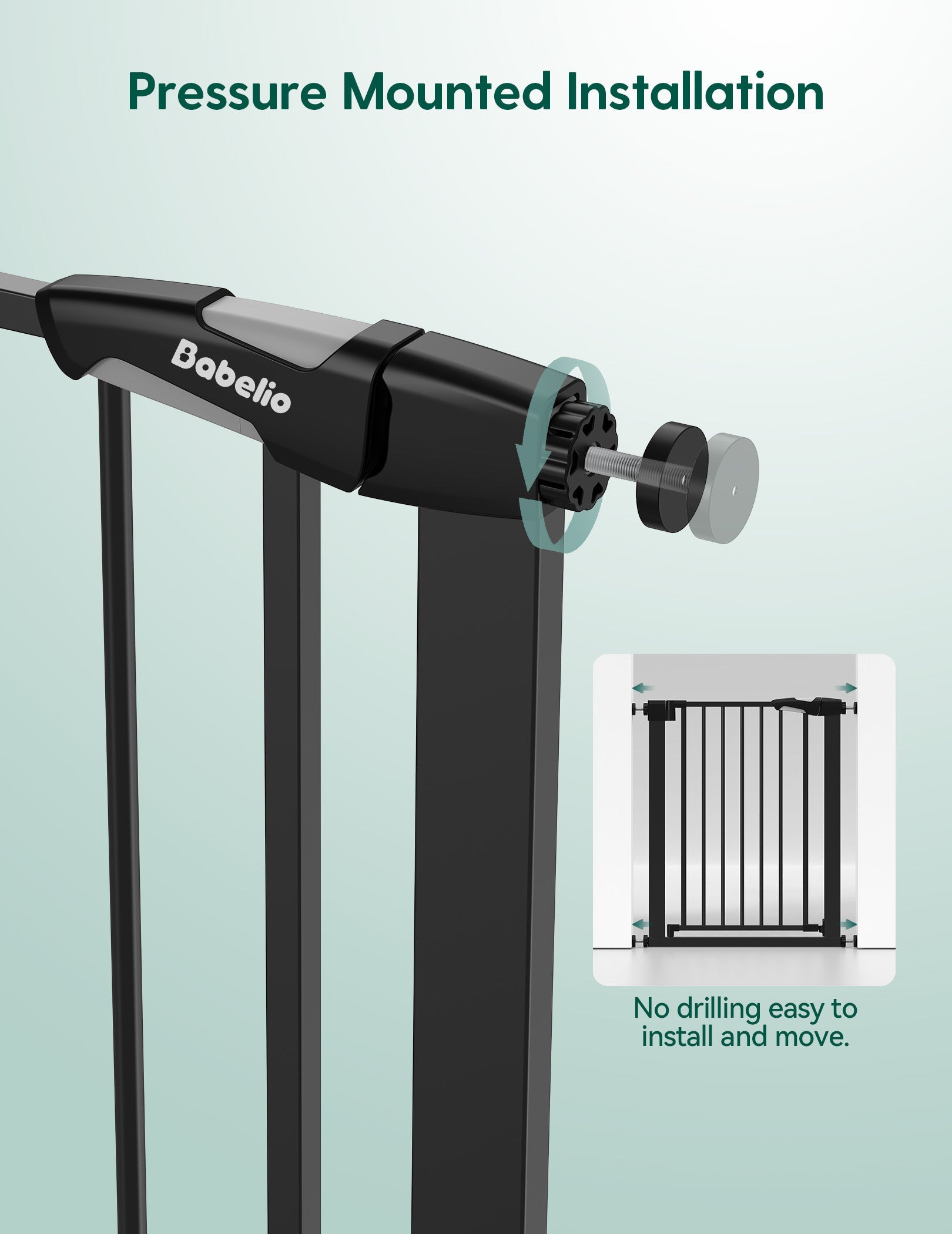 Babelio baby safety gate with pressure mounted installation, easy to install and move