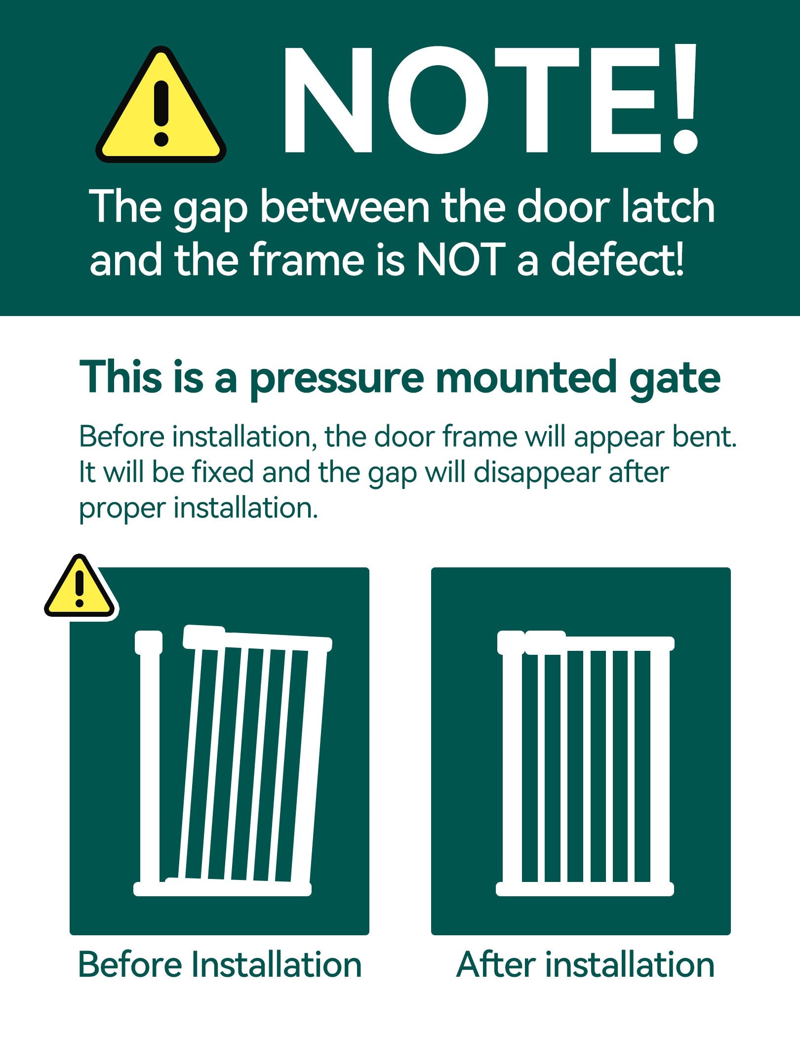 Babelio baby safety gate installation note, showing pressure mounted gate before and after setup