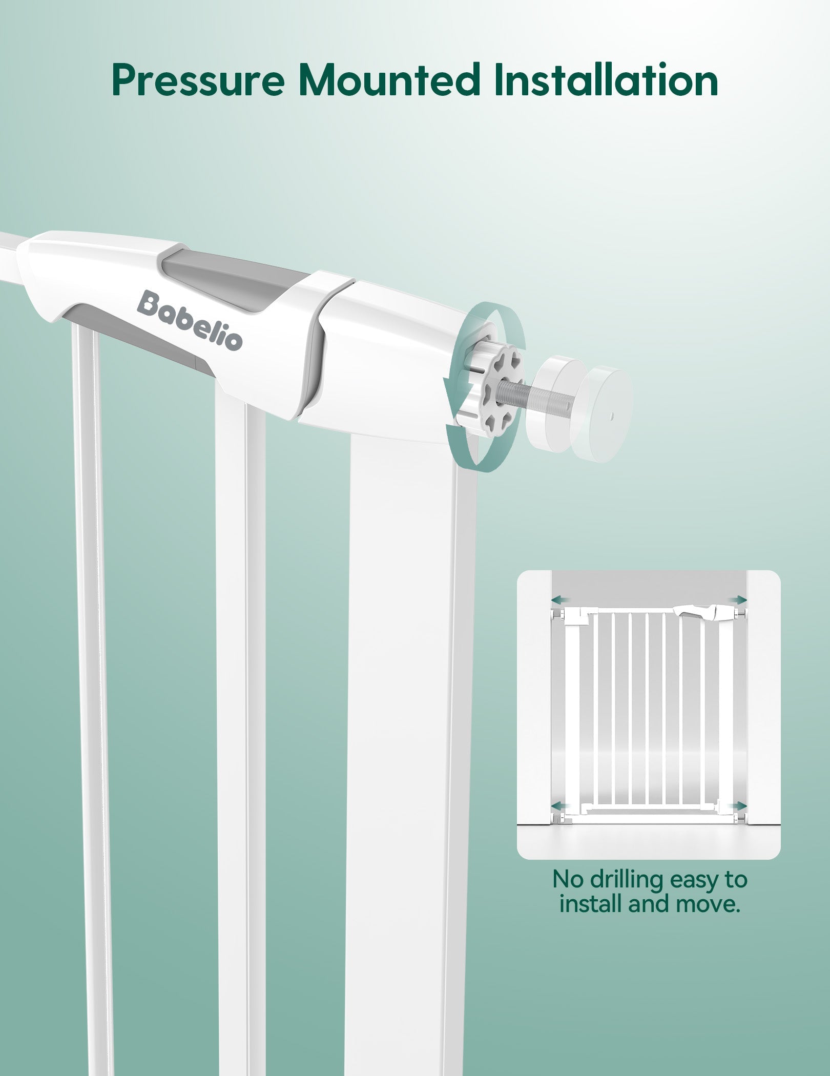 Babelio baby safety gate with pressure mounted installation, easy setup for home safety