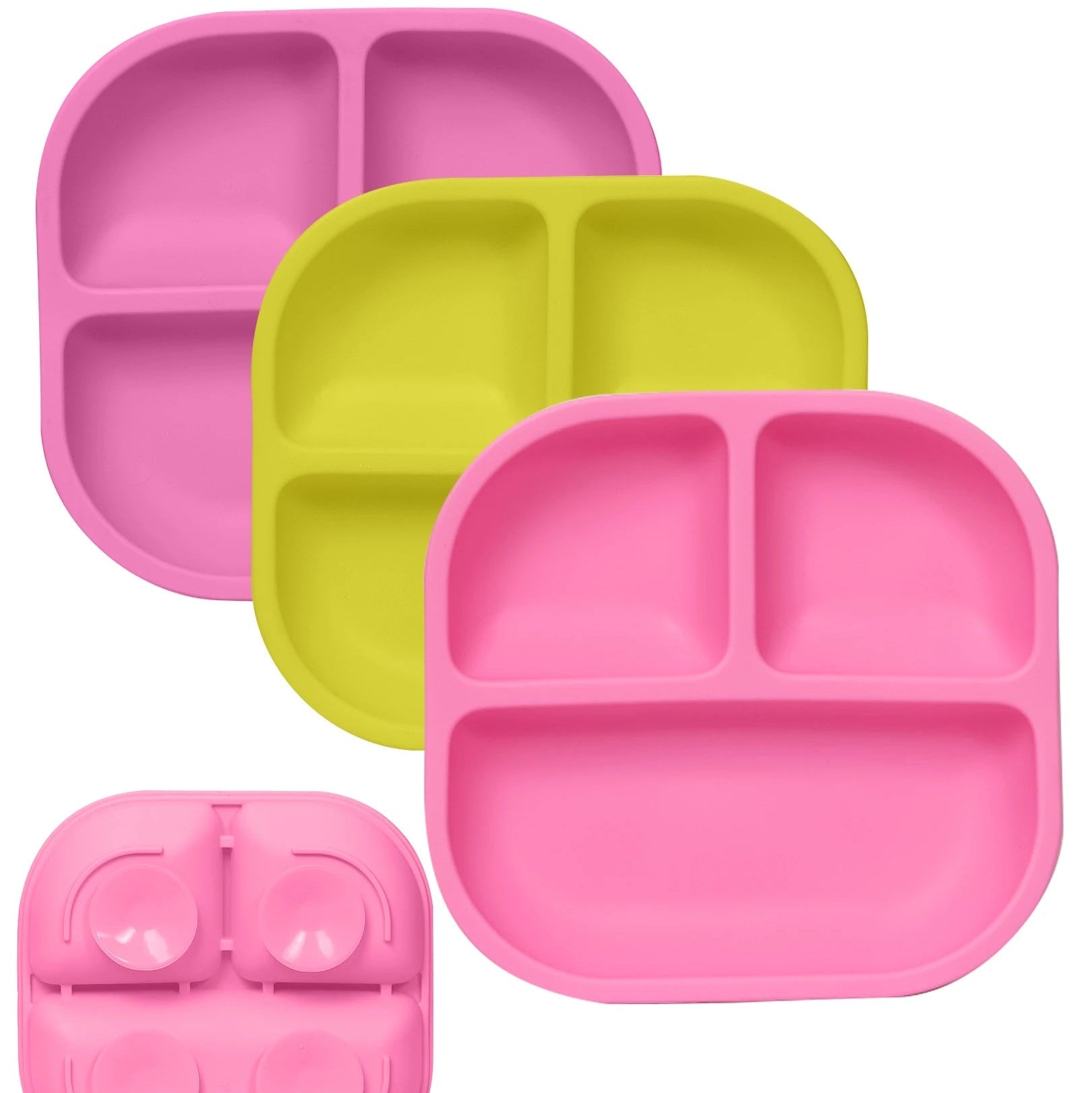 Babelio colorful silicone suction plates for babies and toddlers, pink and yellow, 3-pack
