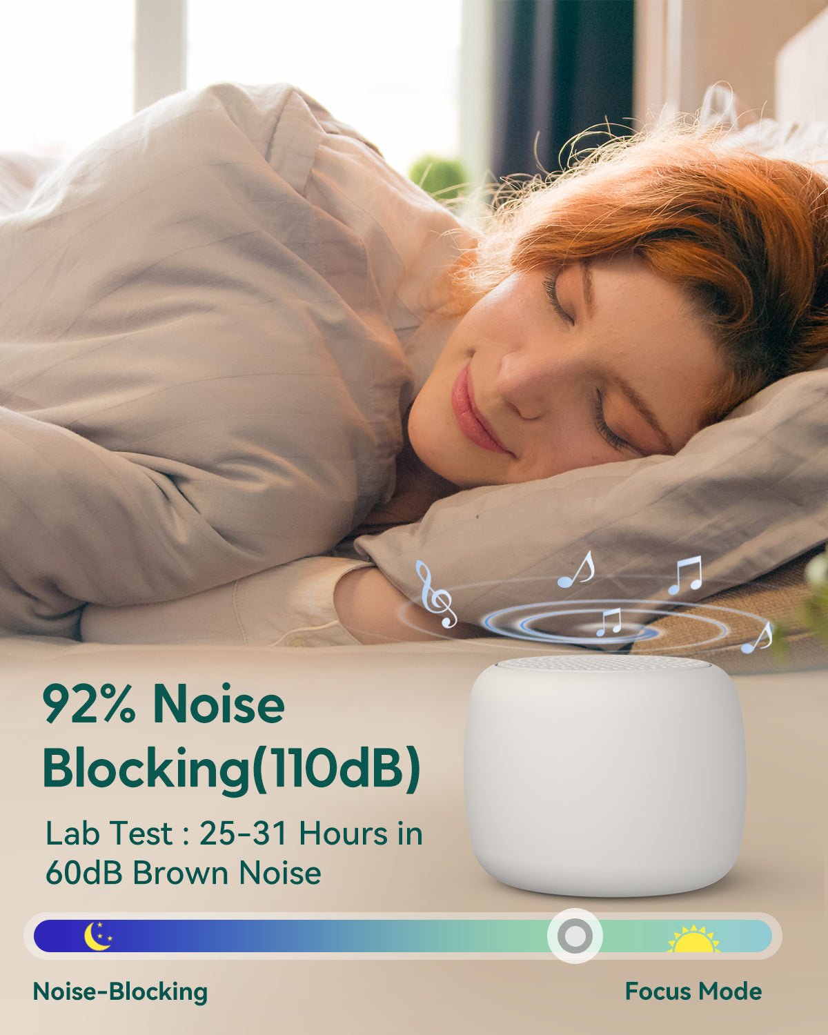 Babelio white noise machine for sleep on a bedside table in a bedroom setting